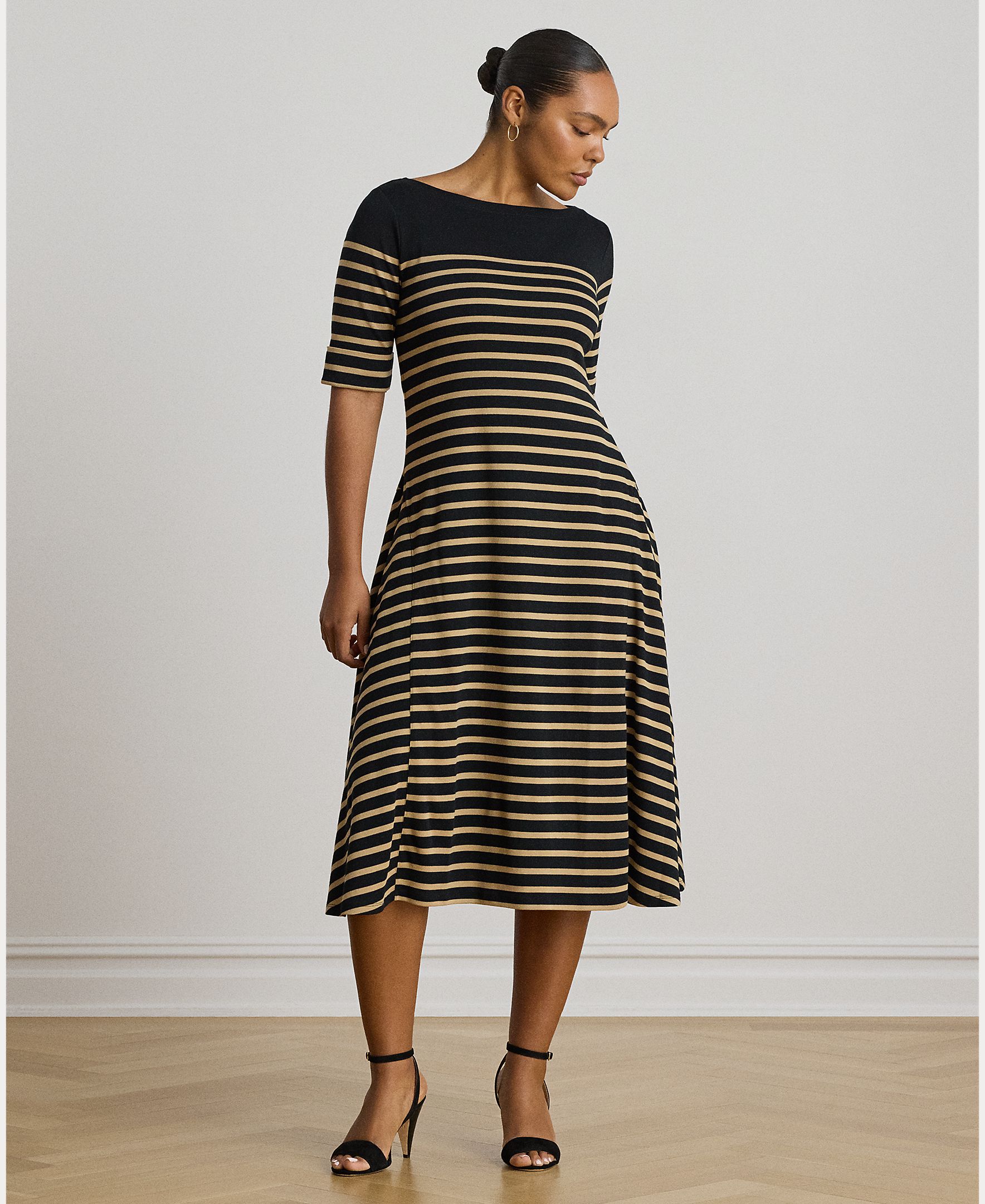 Vestido Midi de Algodão Canelado às Riscas Preto-7