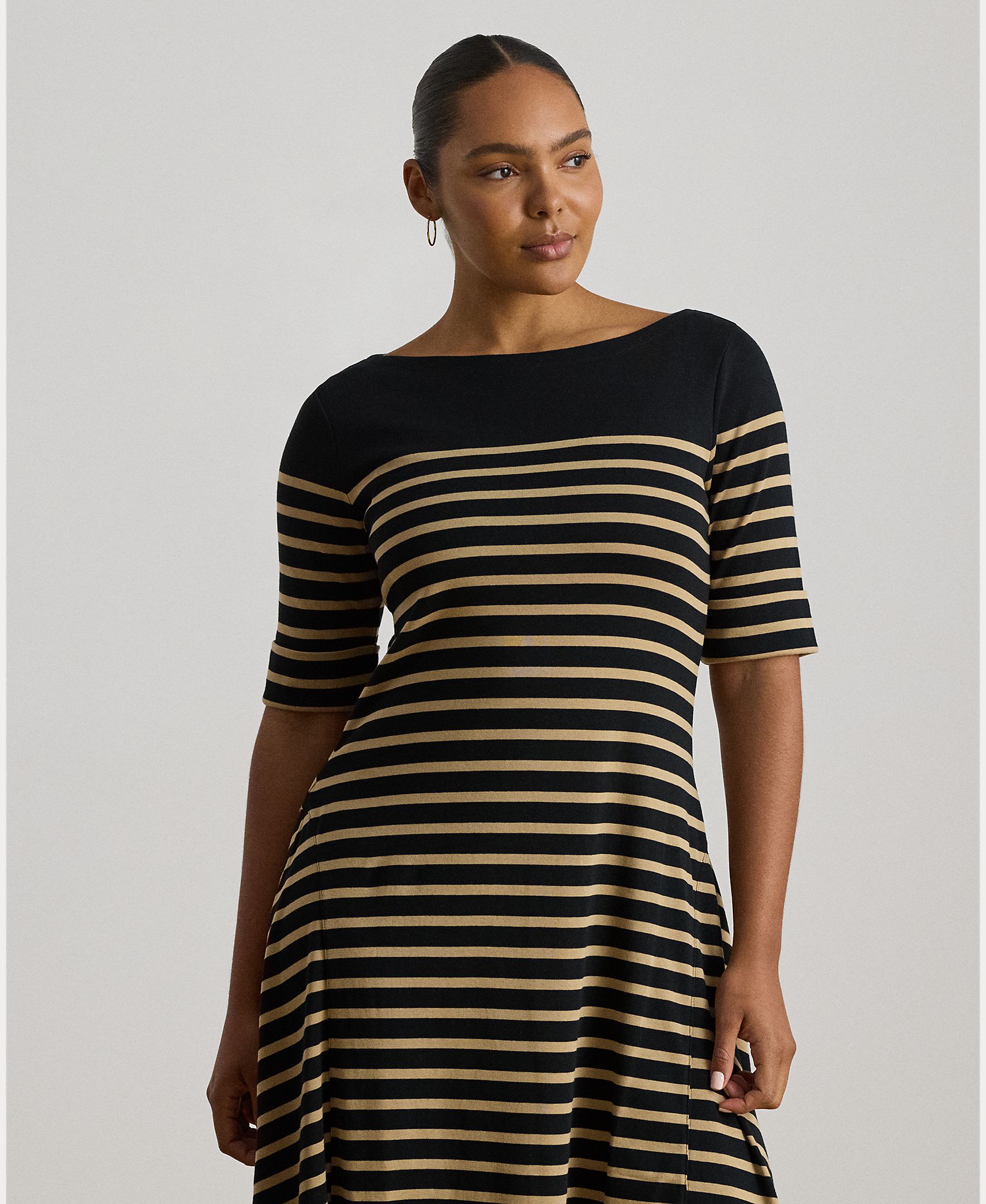 Vestido Midi de Algodão Canelado às Riscas Preto-8