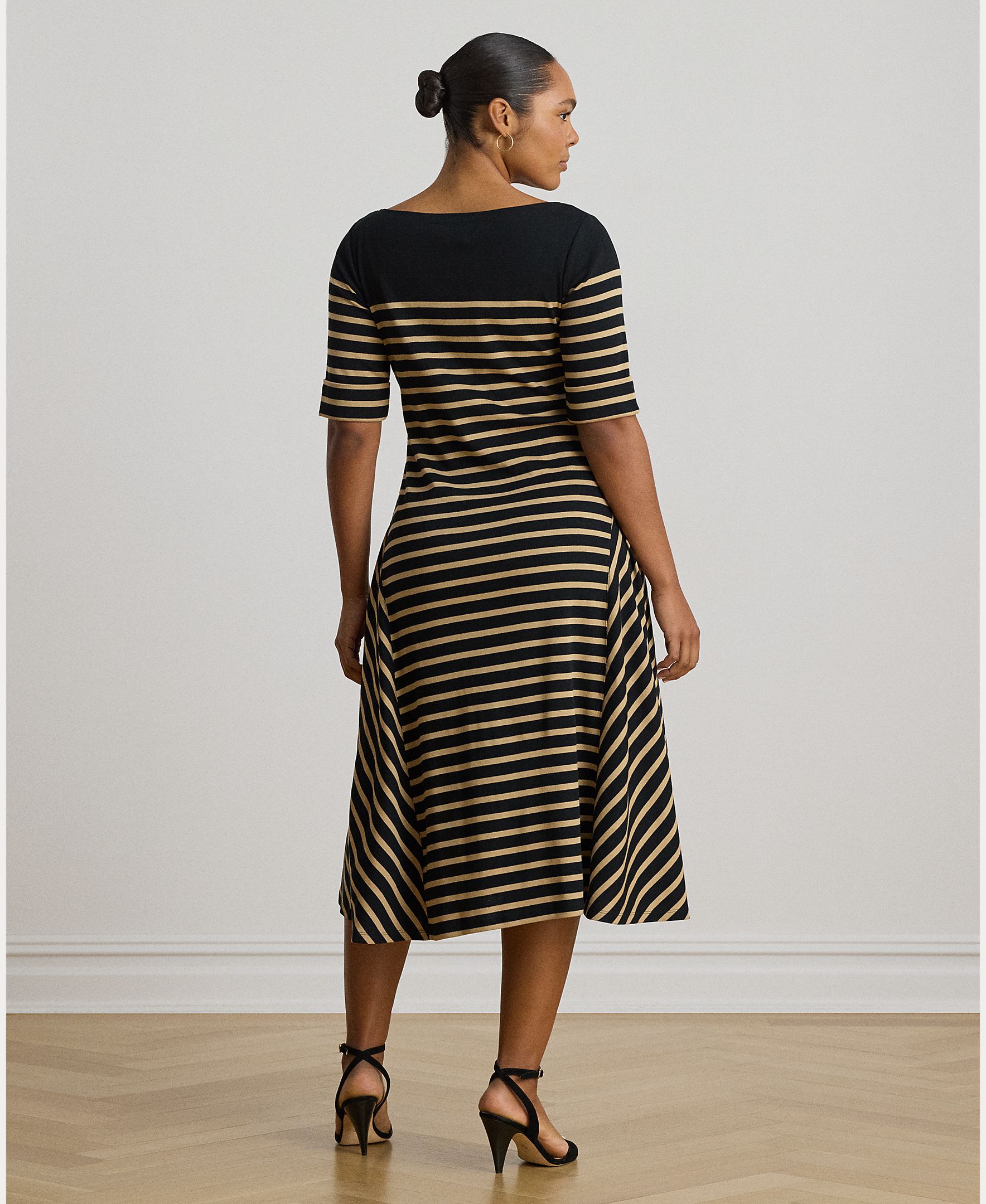 Vestido Midi de Algodão Canelado às Riscas Preto-9