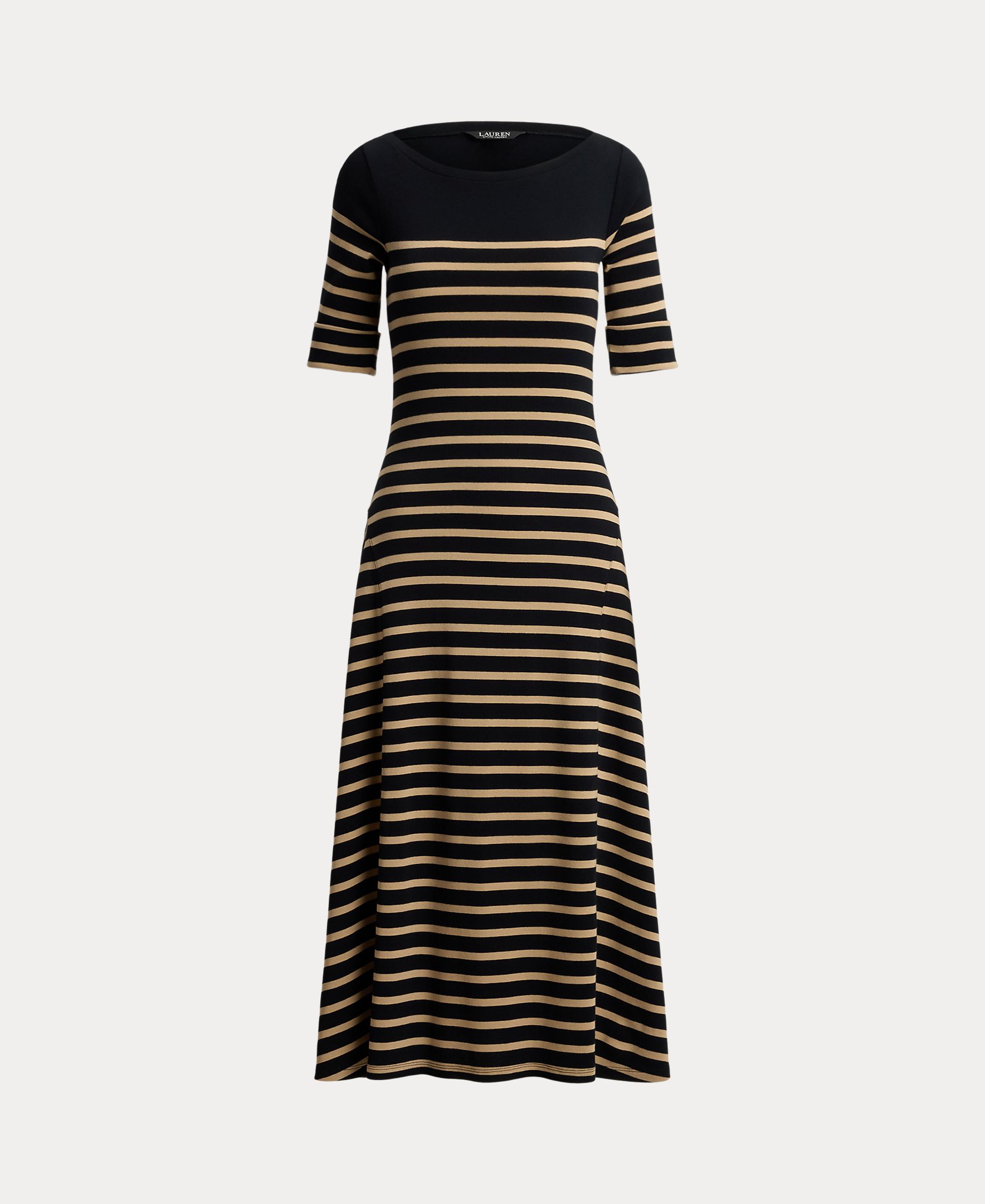 Vestido Midi de Algodão Canelado às Riscas Preto-10