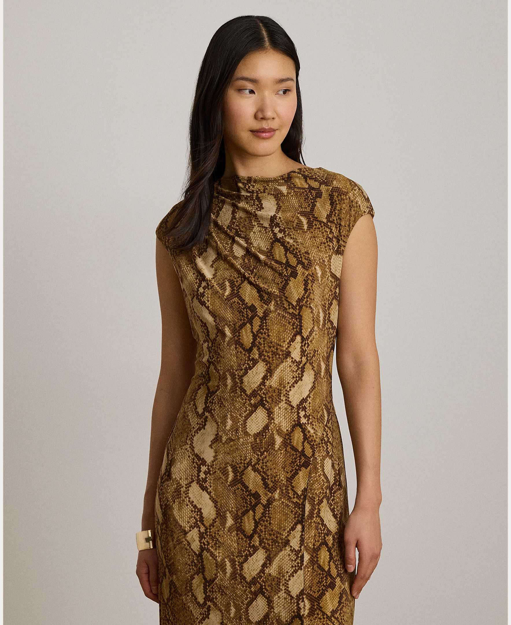 Vestido Midi com Decote à Barco e Animal Print de Serpente Caramelo-3