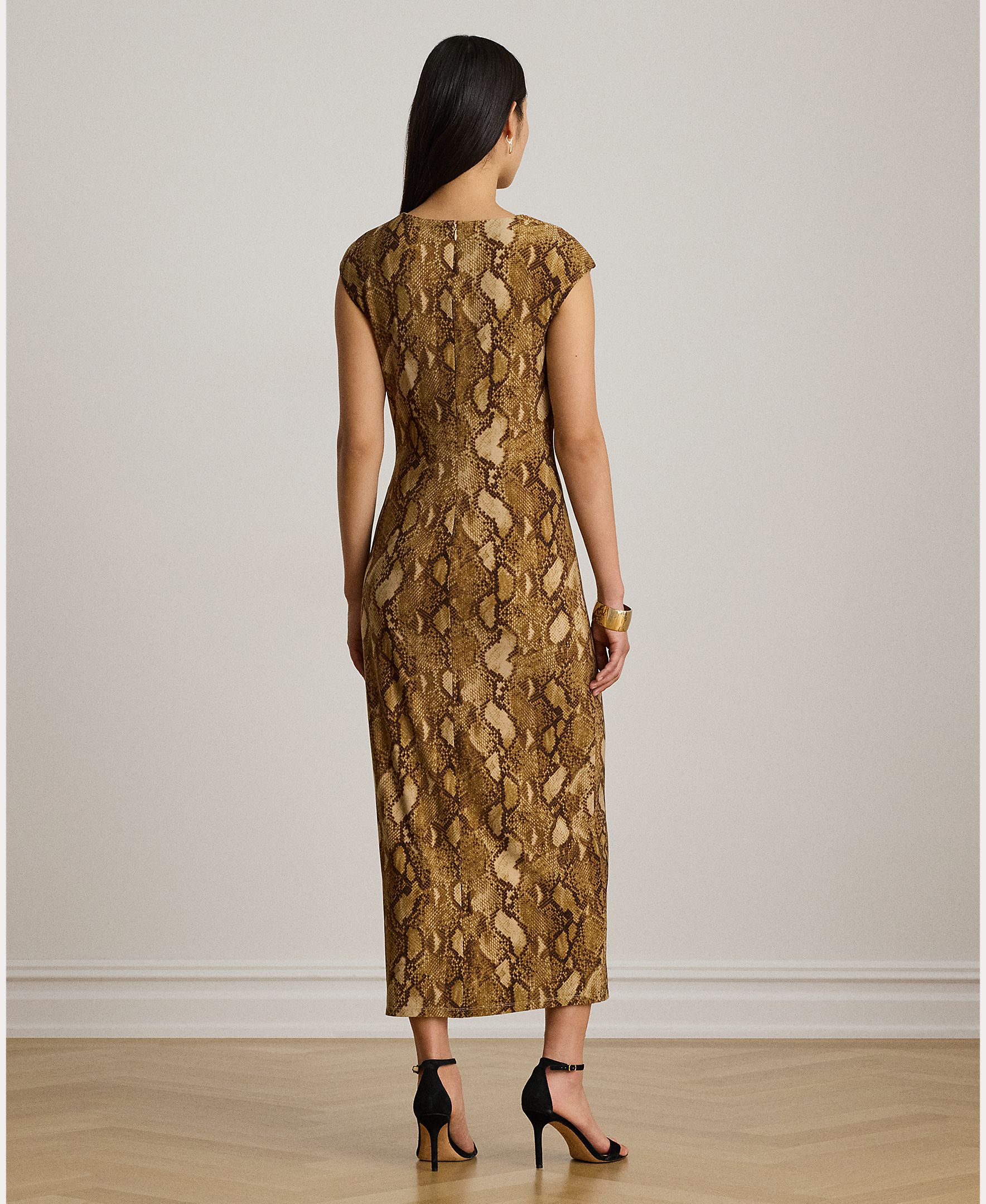 Vestido Midi com Decote à Barco e Animal Print de Serpente Caramelo-4