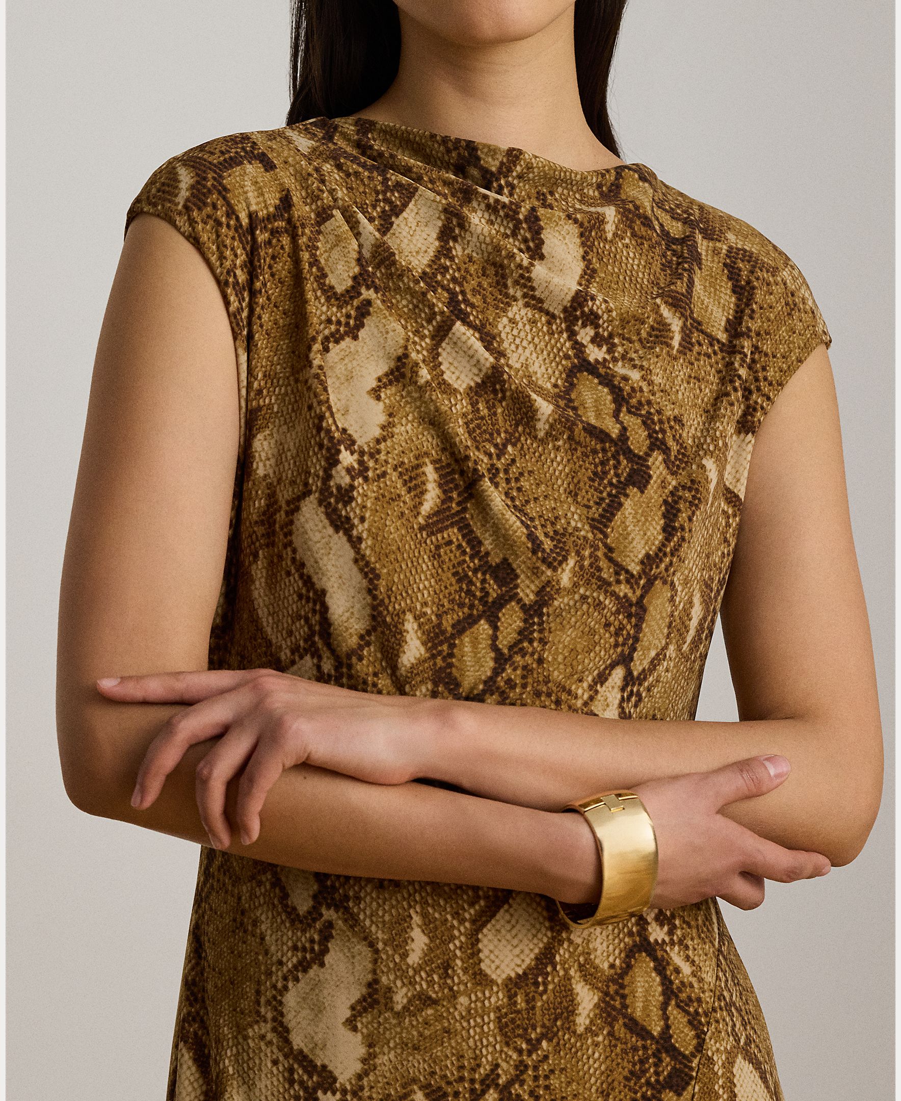 Vestido Midi com Decote à Barco e Animal Print de Serpente Caramelo-5