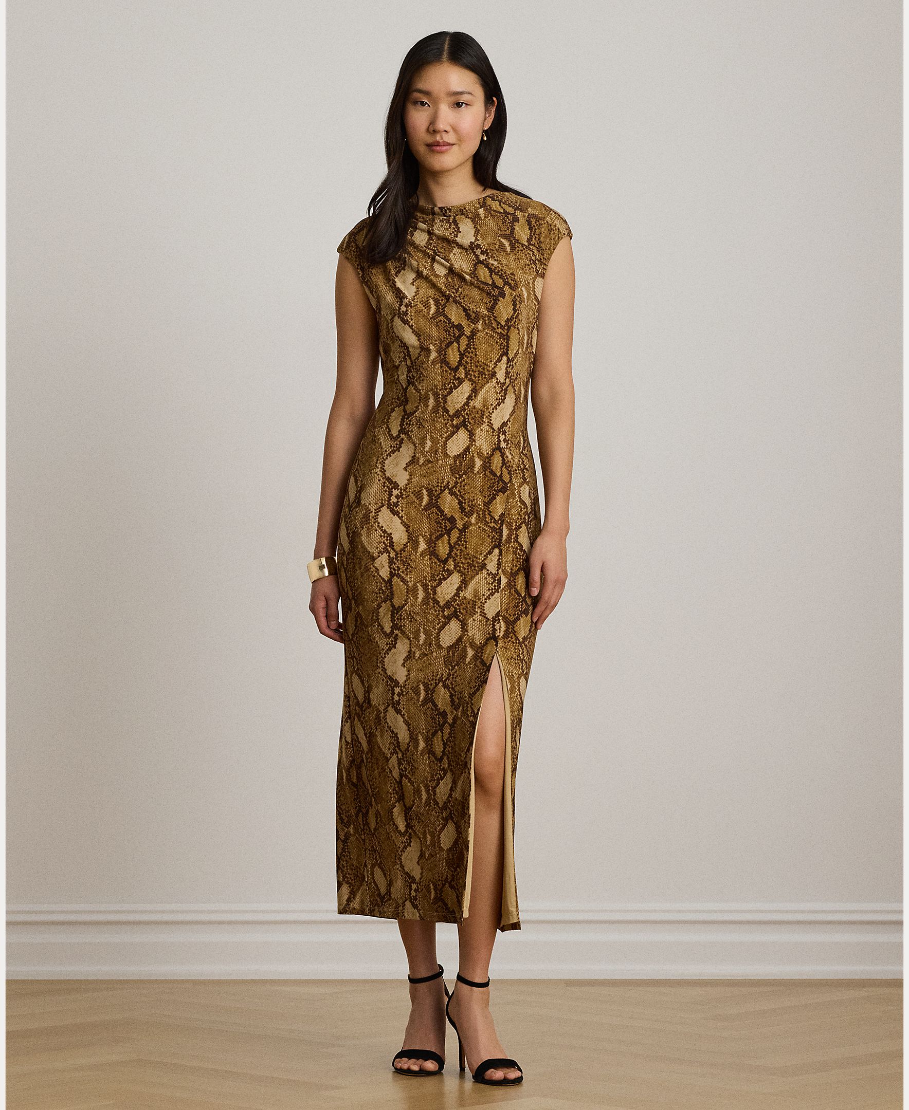 Vestido Midi com Decote à Barco e Animal Print de Serpente Caramelo-6
