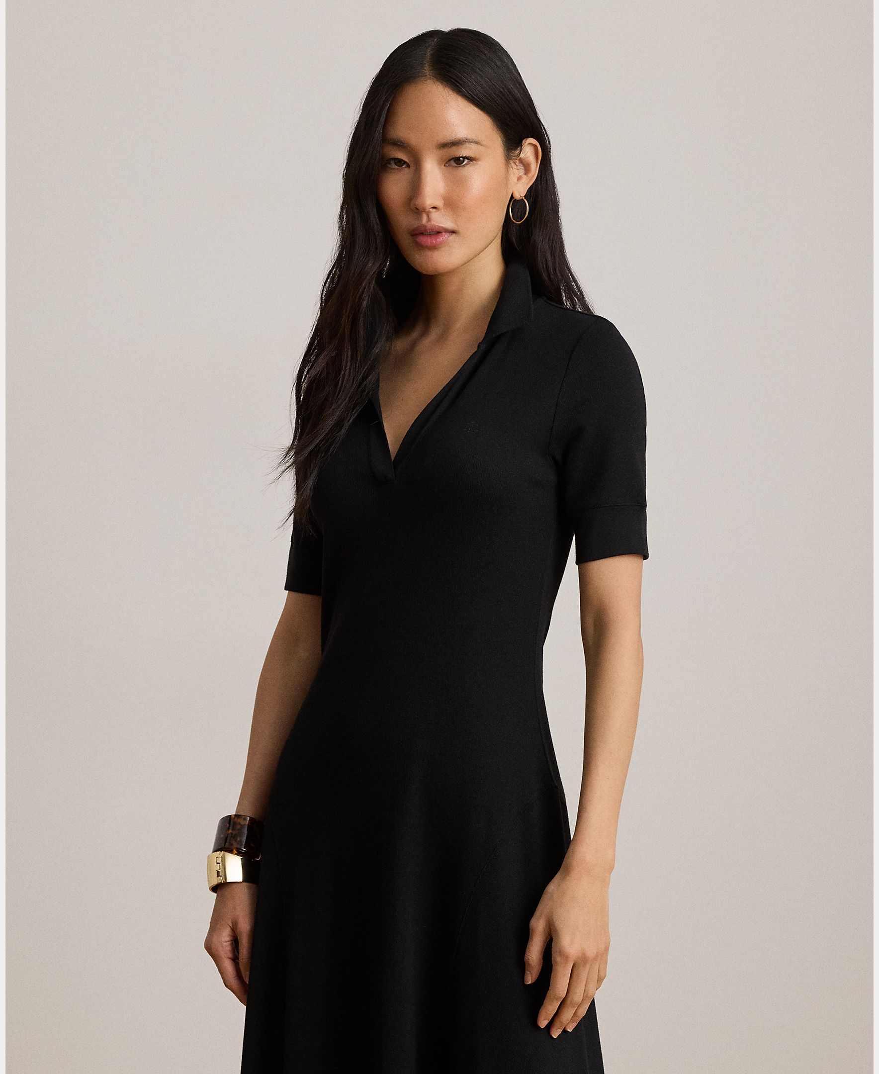 Vestido Midi Tipo Polo de Algodão com um Toque Elástico Preto-3