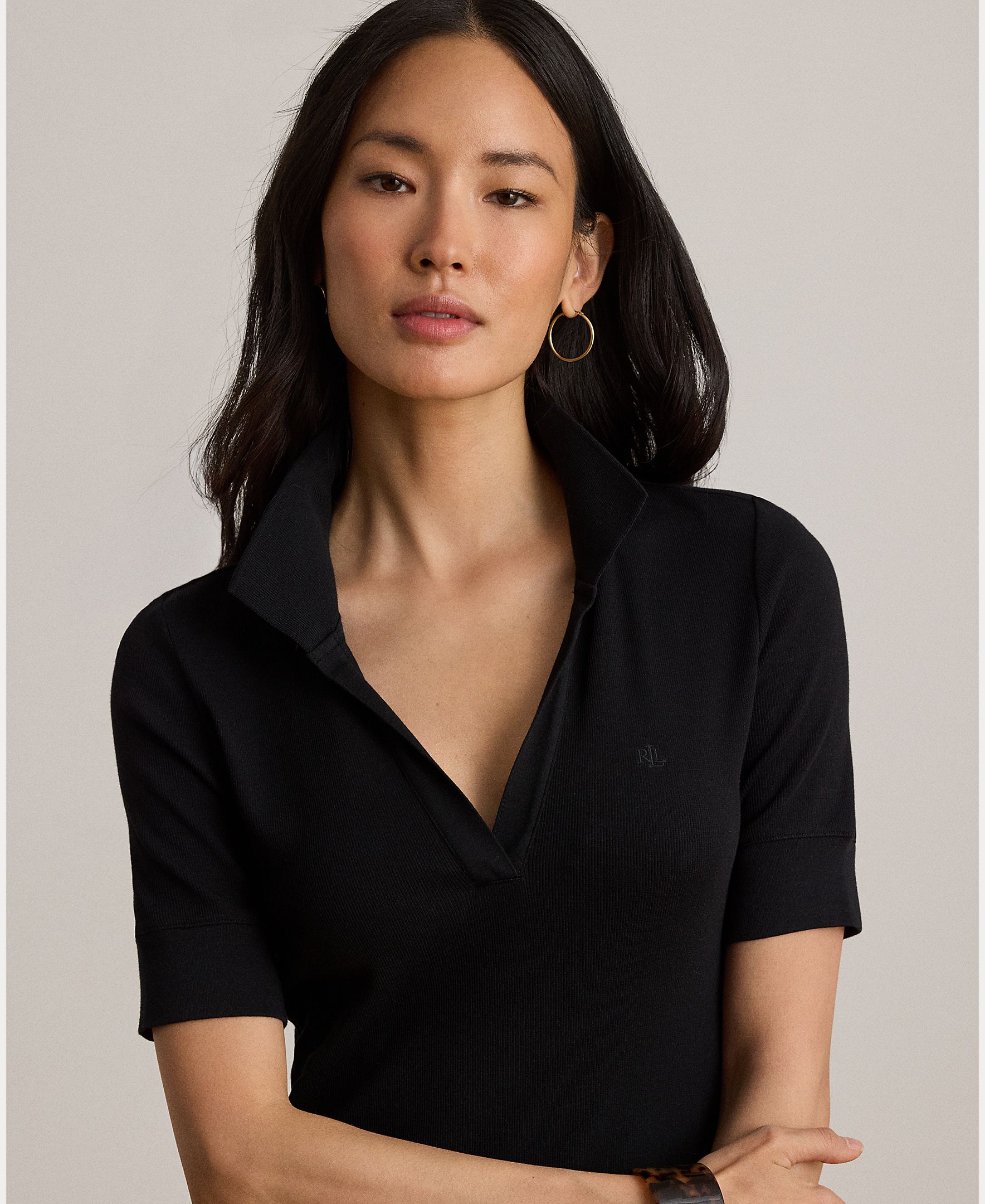 Vestido Midi Tipo Polo de Algodão com um Toque Elástico Preto-5
