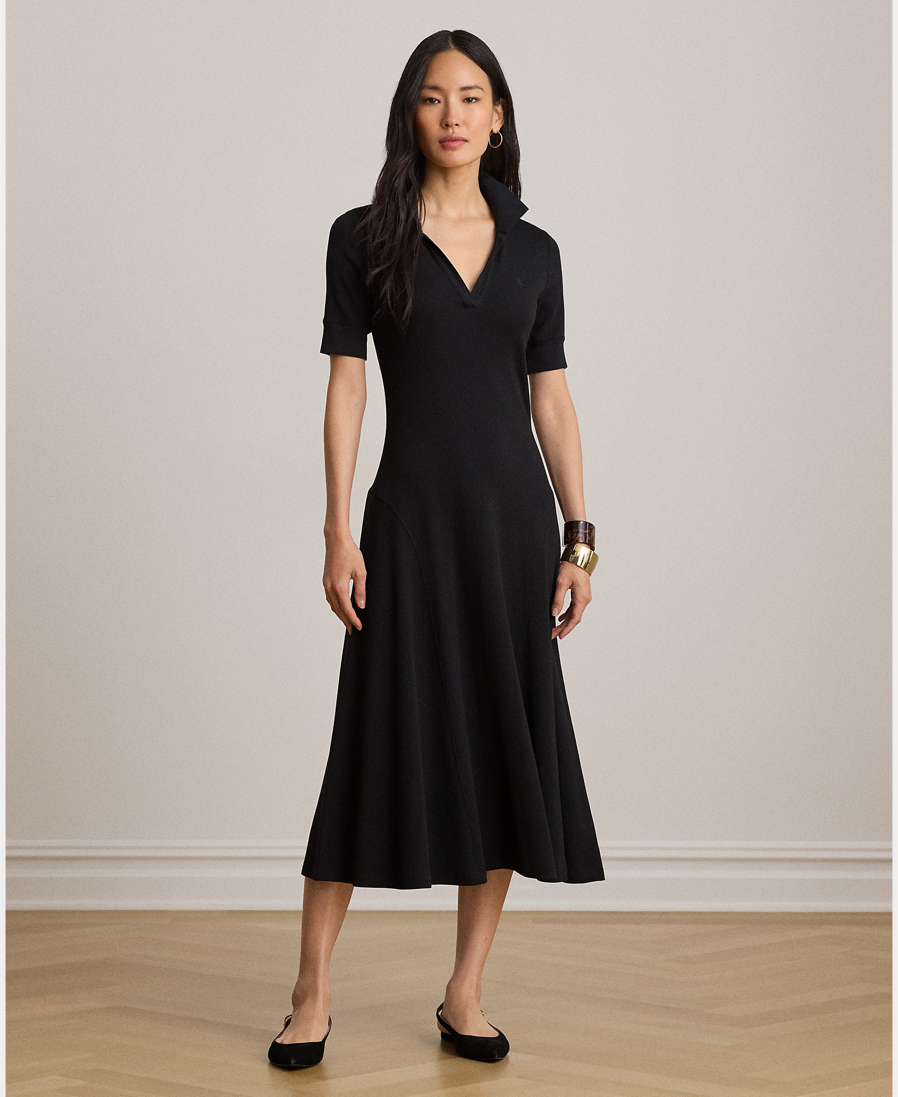 Vestido Midi Tipo Polo de Algodão com um Toque Elástico Preto-6