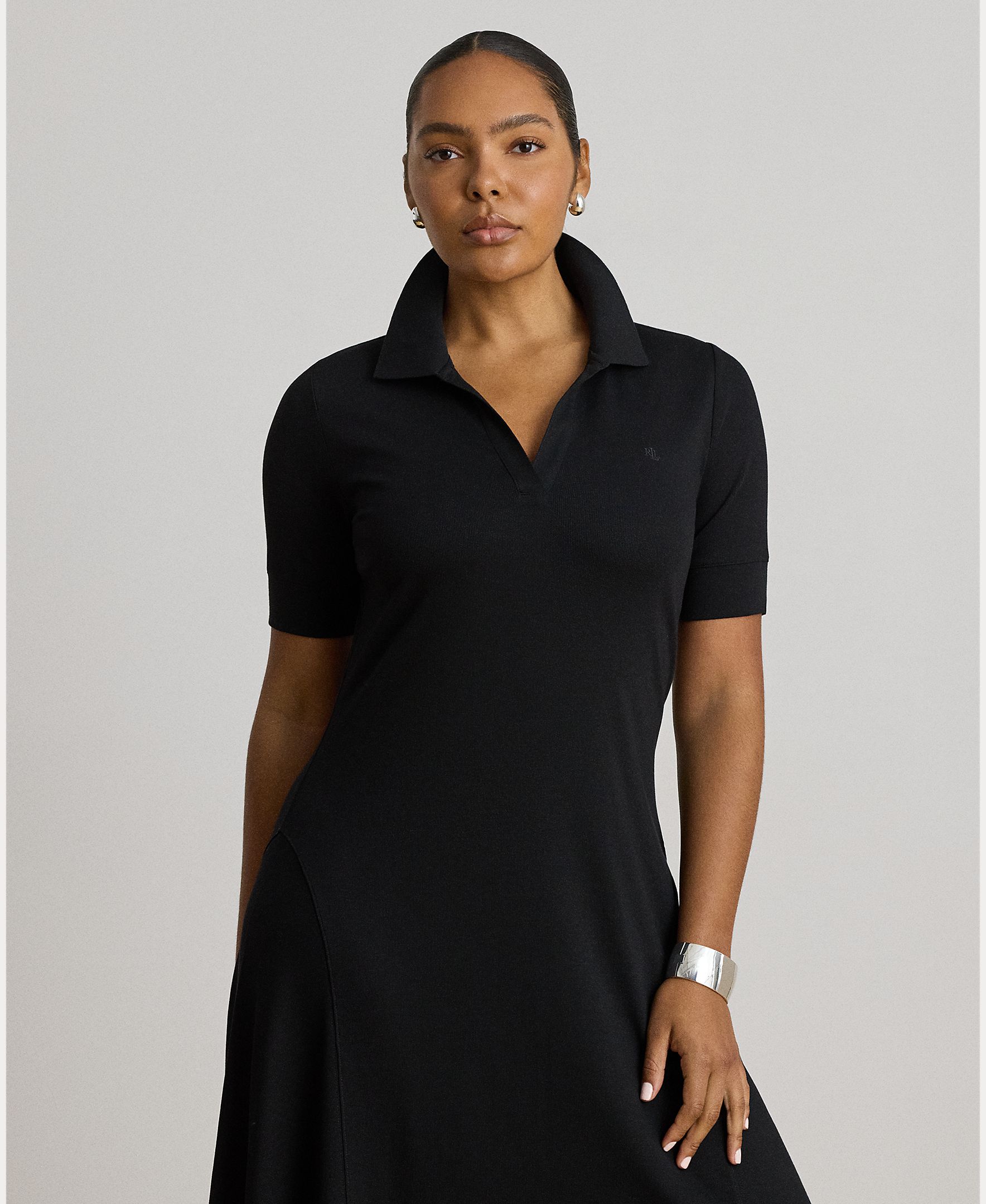 Vestido Midi Tipo Polo de Algodão com um Toque Elástico Preto-8
