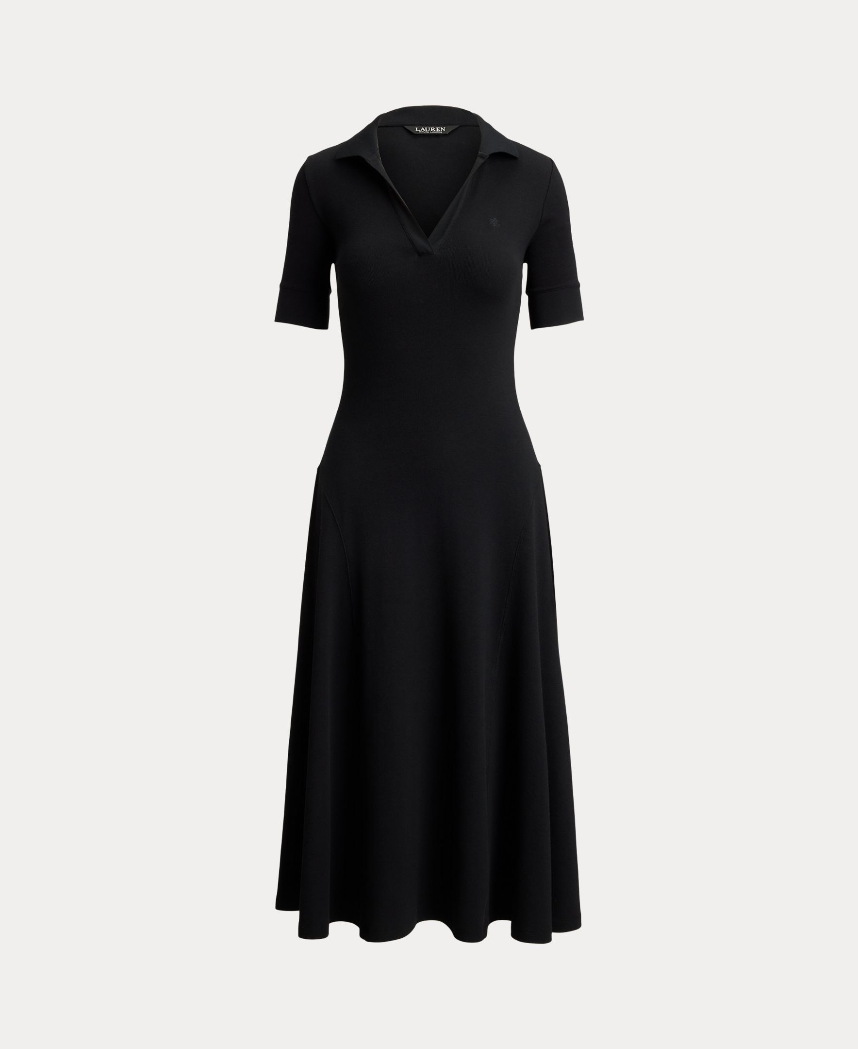 Vestido Midi Tipo Polo de Algodão com um Toque Elástico Preto-10