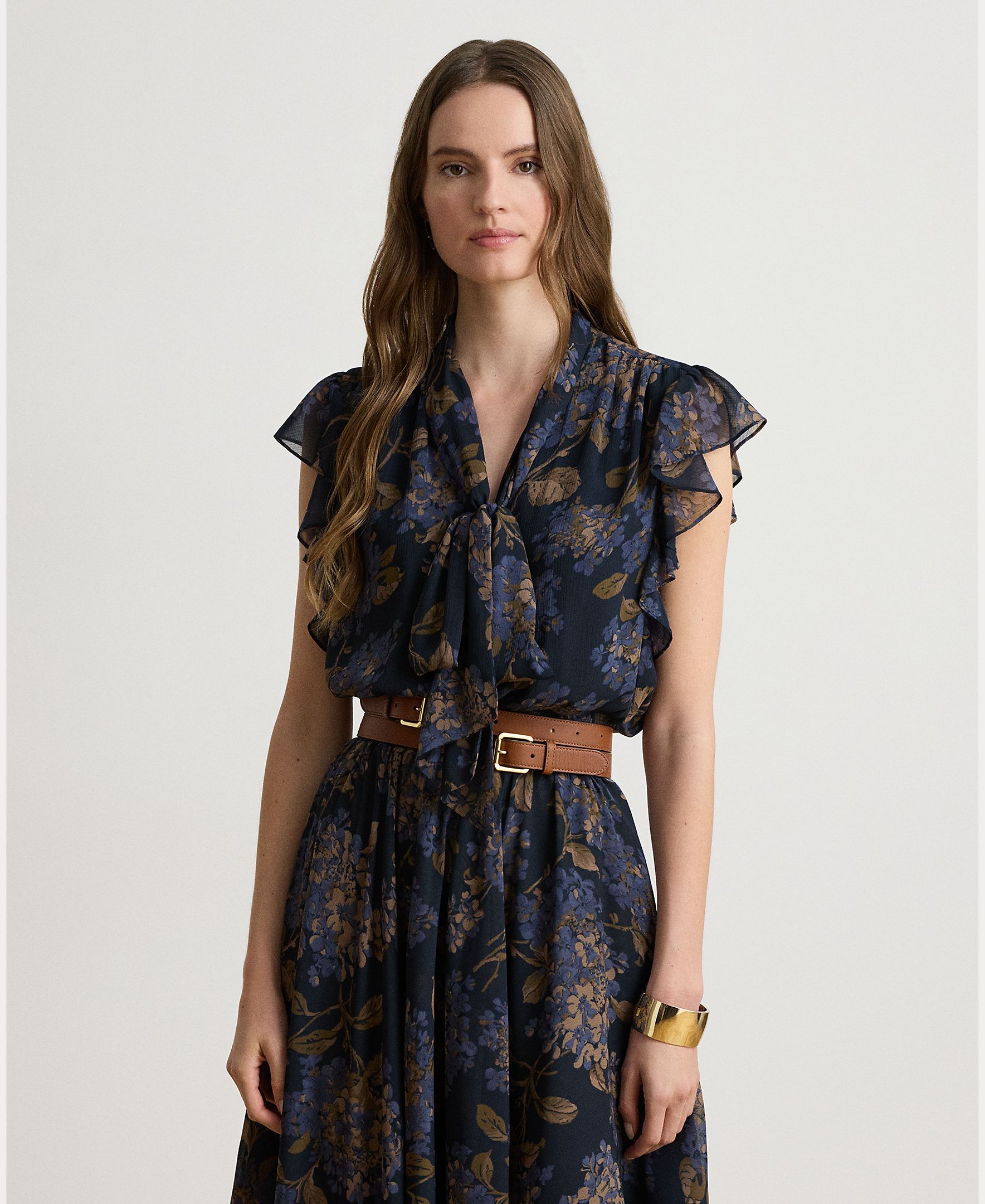 Vestido Midi de Georgette com Laço na Gola, Disponível em Tamanhos Grandes Azul-marinho-3