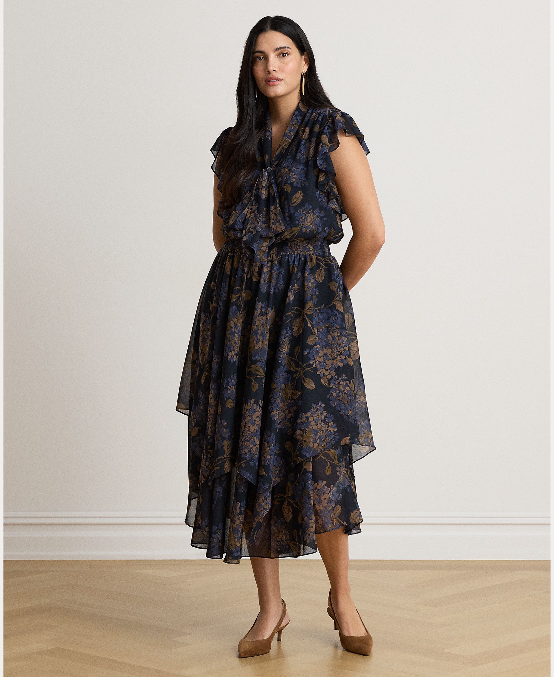Vestido Midi de Georgette com Laço na Gola, Disponível em Tamanhos Grandes Azul-marinho-7