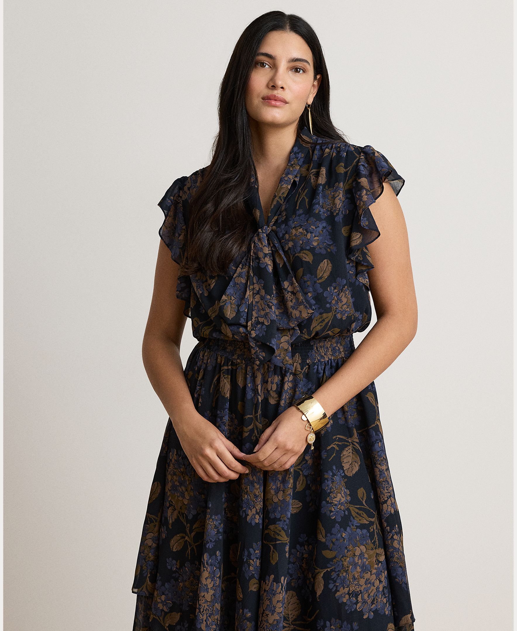Vestido Midi de Georgette com Laço na Gola, Disponível em Tamanhos Grandes Azul-marinho-8