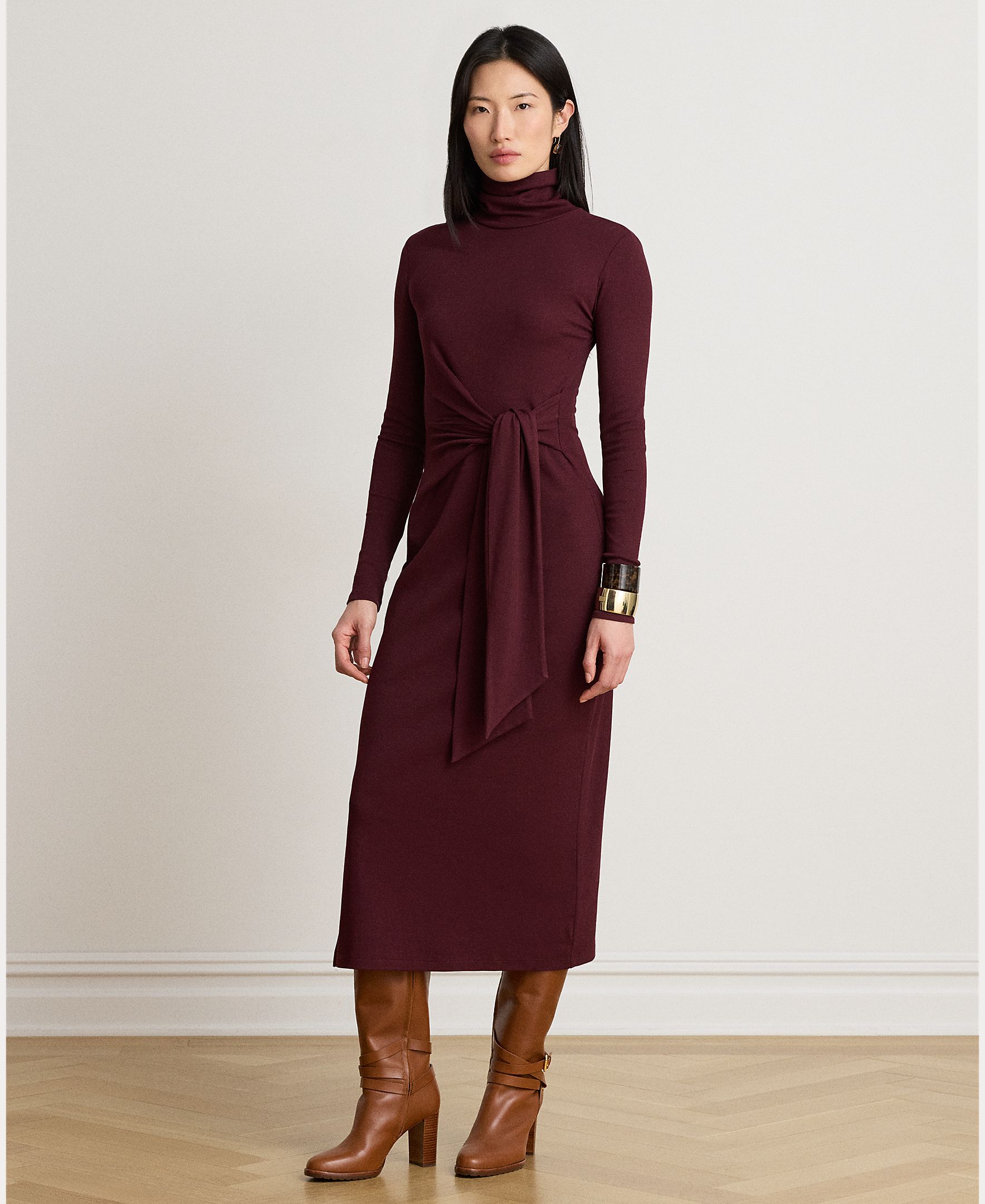 Imagem 0 de Vestido Midi Atado com Gola Dobrada, Disponível em Tamanhos Grandes