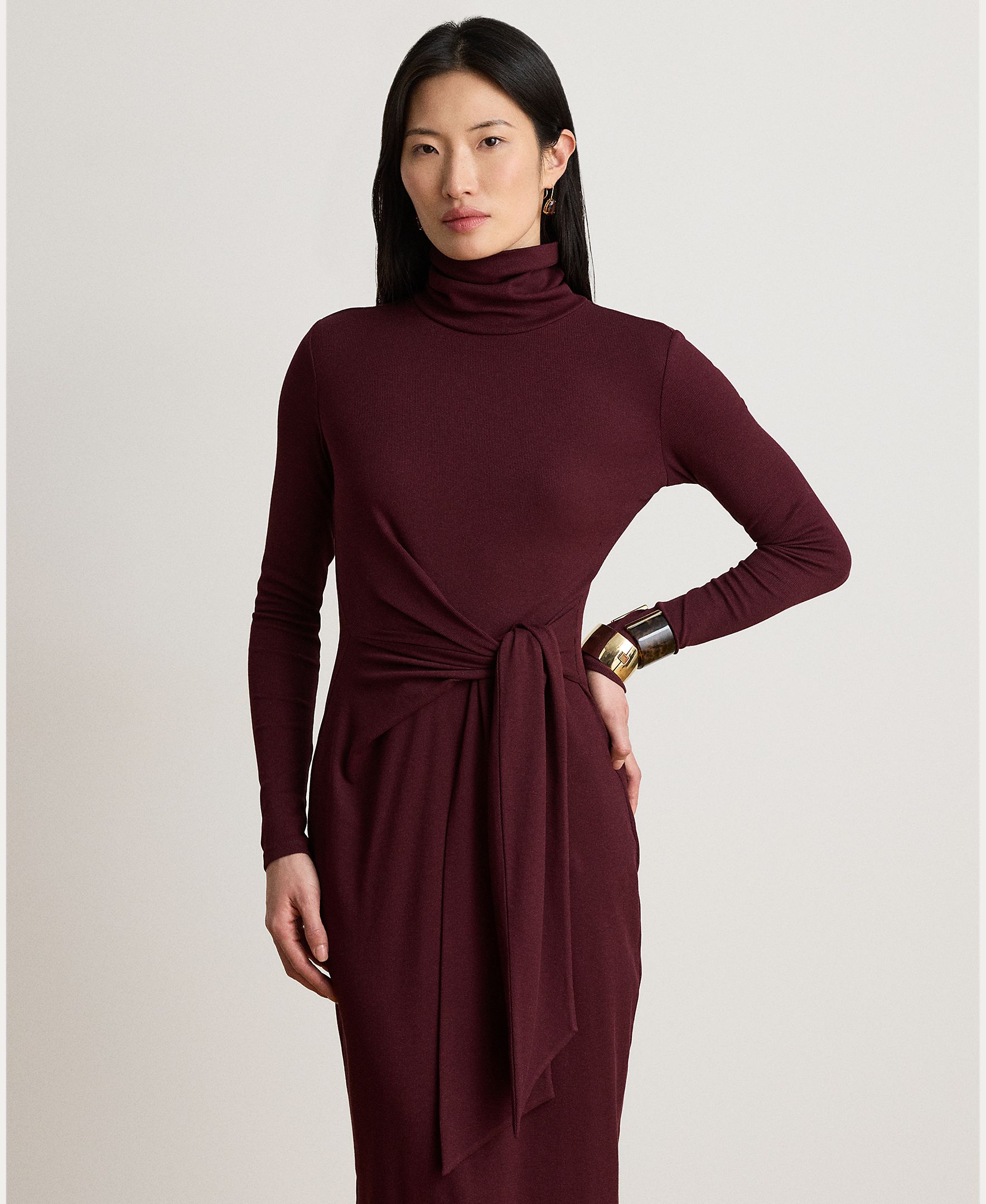 Vestido Midi Atado com Gola Dobrada, Disponível em Tamanhos Grandes Grená-3