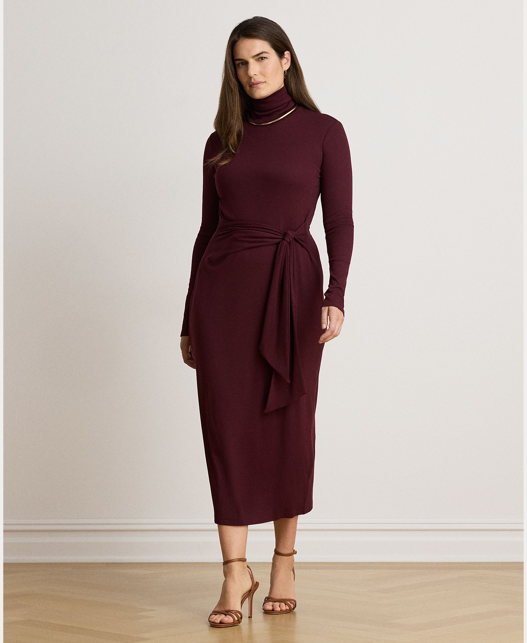 Vestido Midi Atado com Gola Dobrada, Disponível em Tamanhos Grandes Grená-6