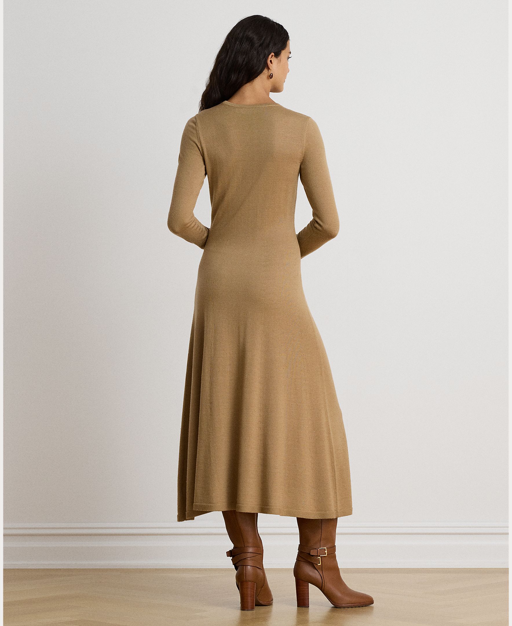 Vestido Midi de Lã com Decote Redondo Bege-4