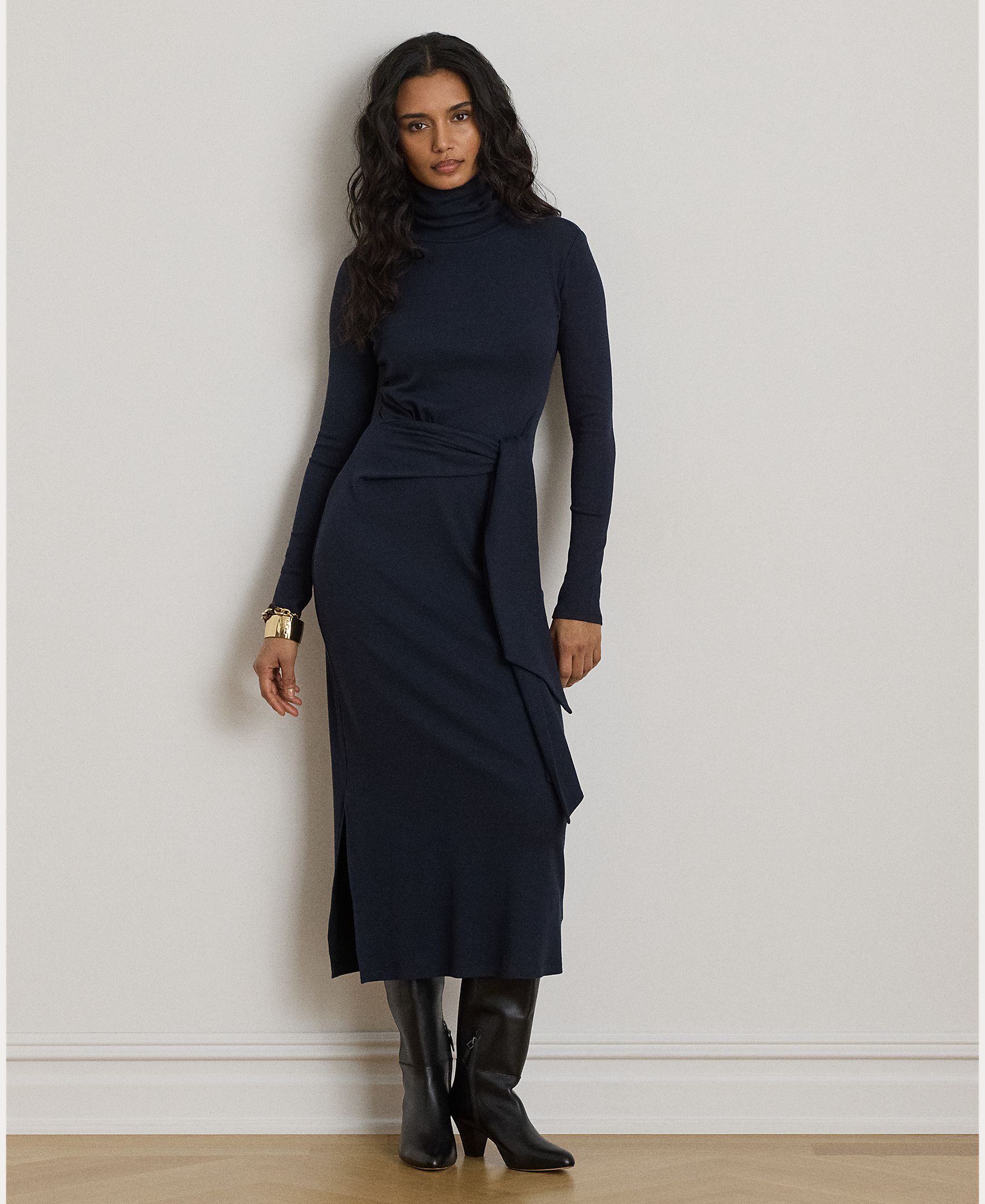 Imagem 0 de Vestido Midi Atado com Gola Dobrada, Disponível em Tamanhos Grandes