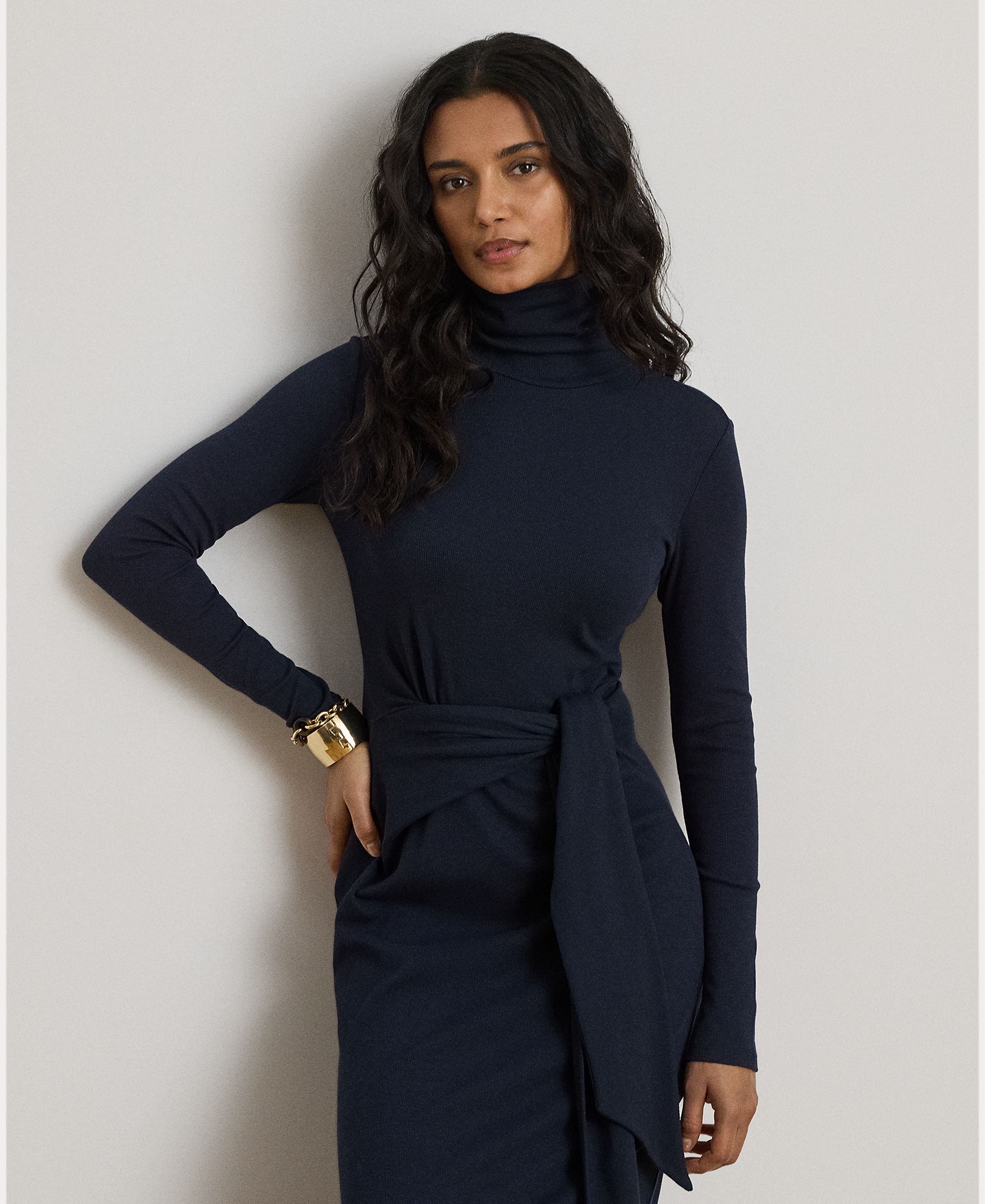 Vestido Midi Atado com Gola Dobrada, Disponível em Tamanhos Grandes Azul-marinho-3