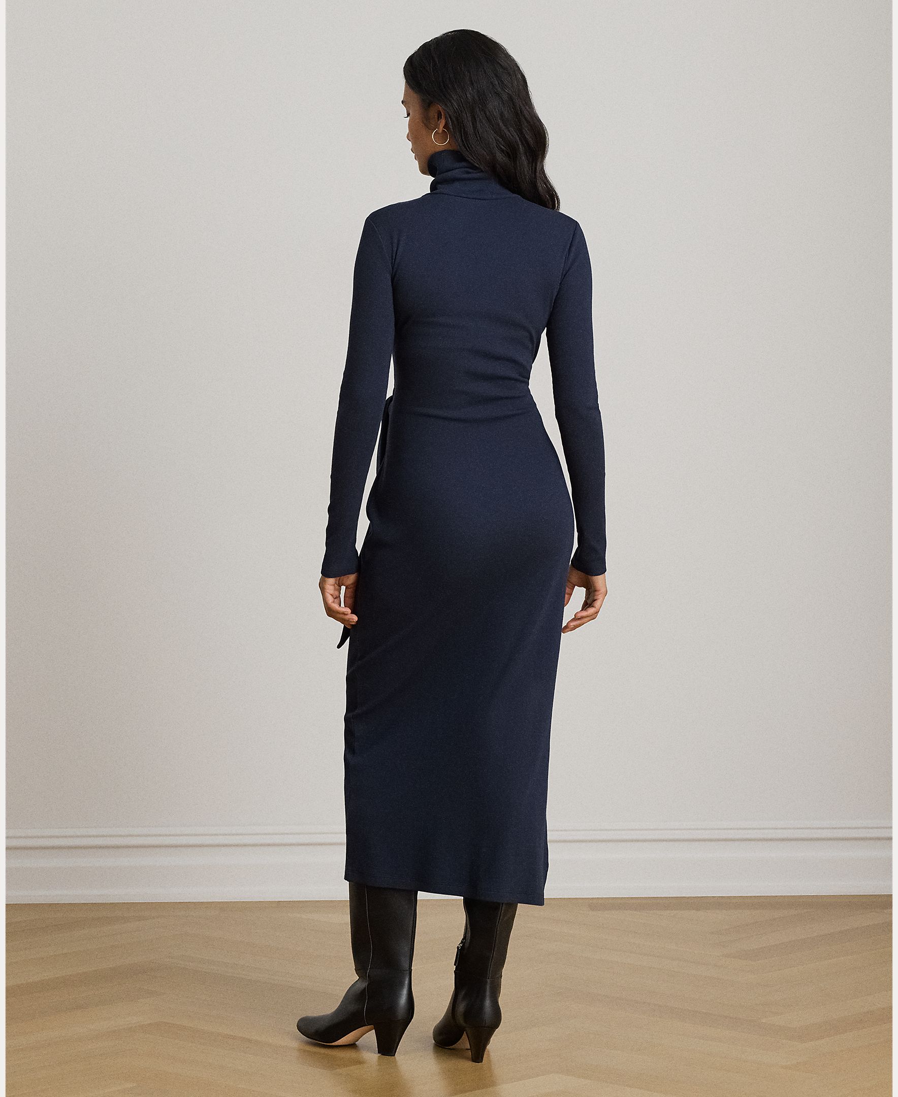 Vestido Midi Atado com Gola Dobrada, Disponível em Tamanhos Grandes Azul-marinho-4