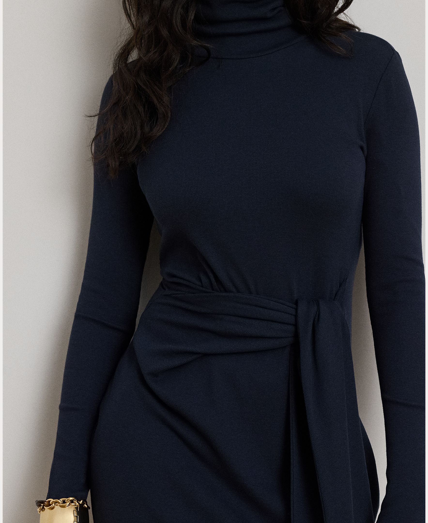 Vestido Midi Atado com Gola Dobrada, Disponível em Tamanhos Grandes Azul-marinho-5