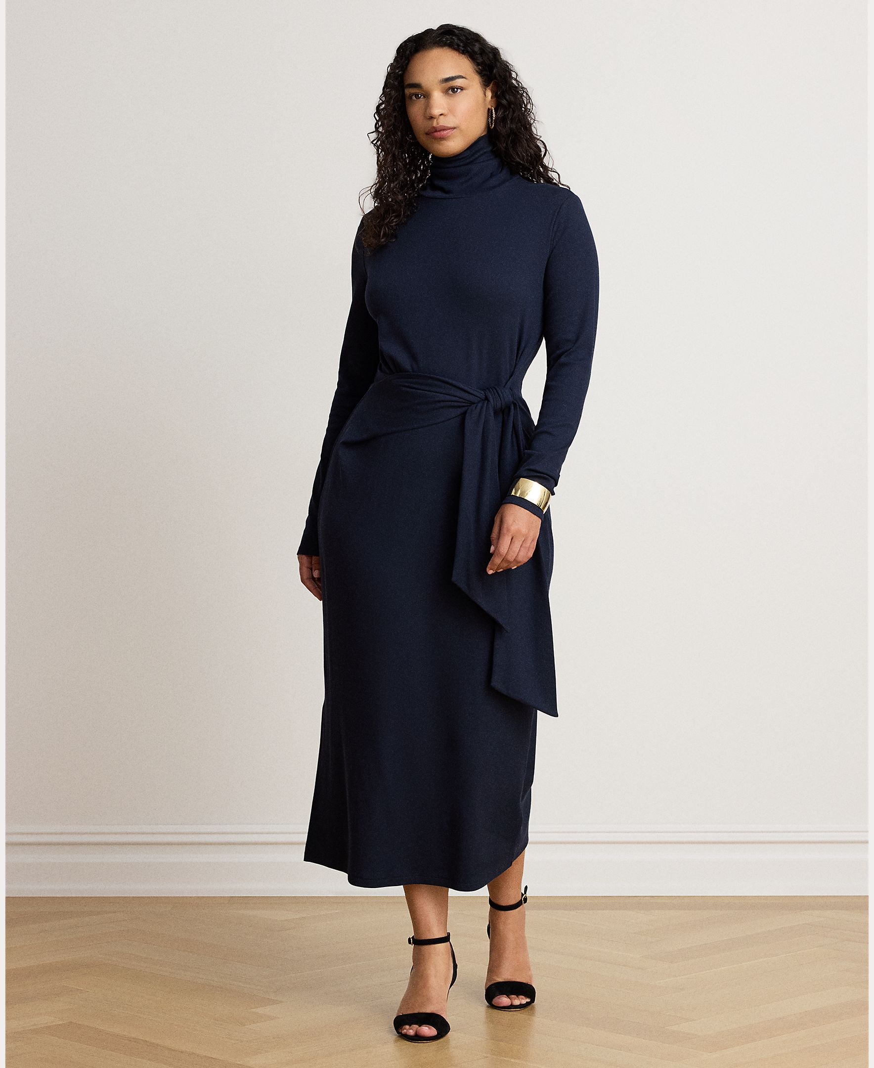 Vestido Midi Atado com Gola Dobrada, Disponível em Tamanhos Grandes Azul-marinho-6