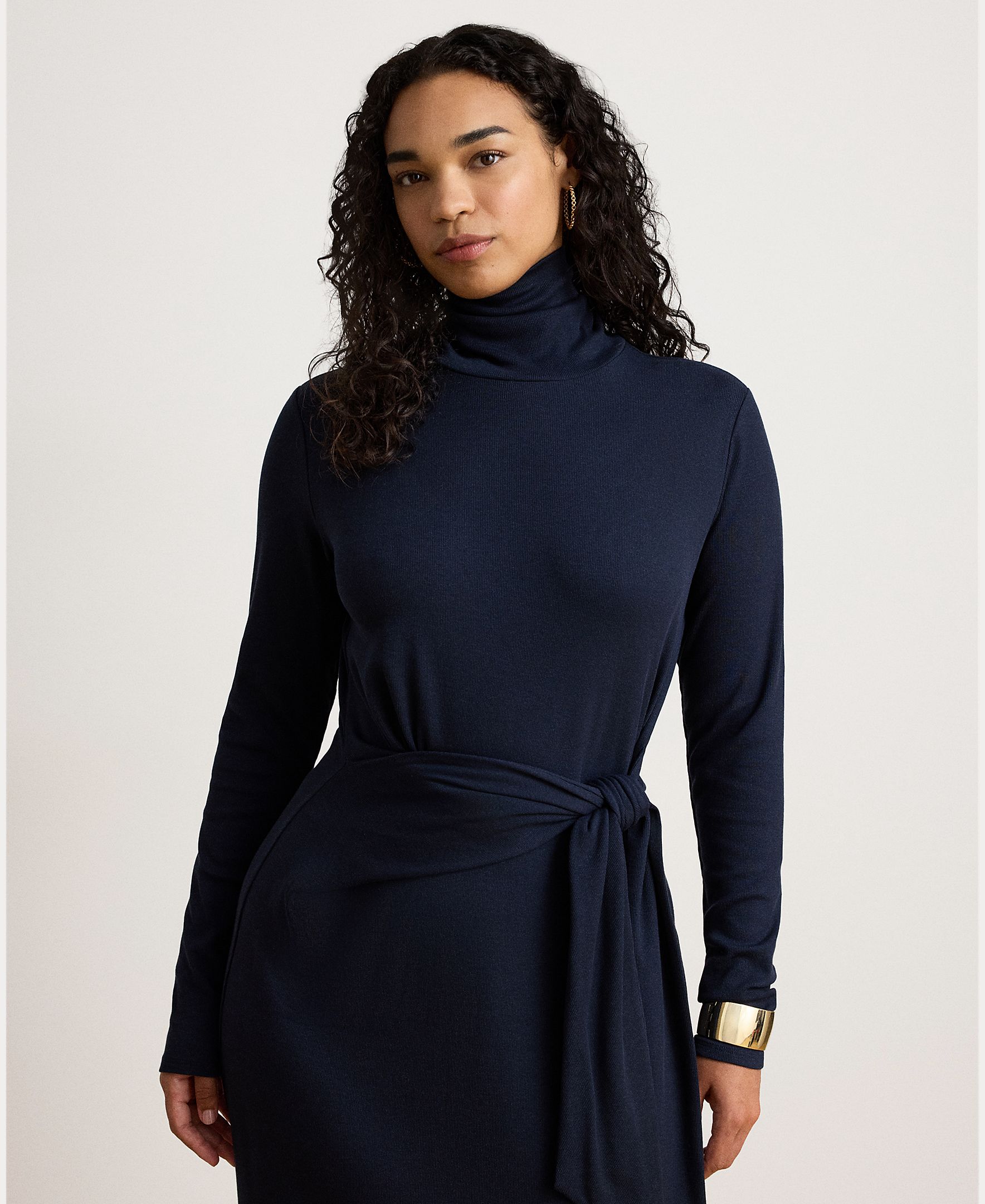 Vestido Midi Atado com Gola Dobrada, Disponível em Tamanhos Grandes Azul-marinho-7