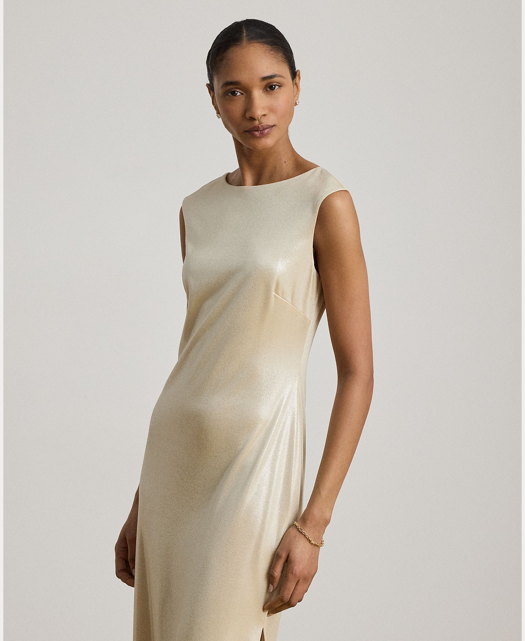 Vestido Comprido de Malha Metalizada sem Mangas Natural-3