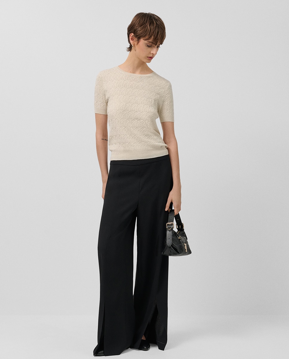 Calças Largas de Crepe com Abertura Preto-1