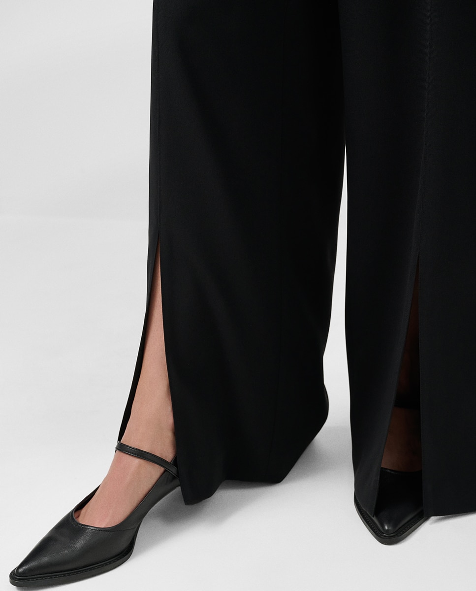 Calças Largas de Crepe com Abertura Preto-3