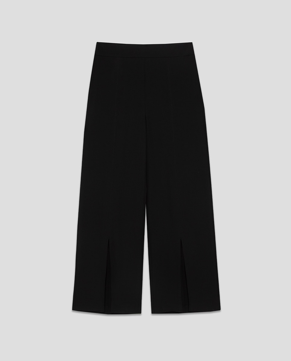 Calças Largas de Crepe com Abertura Preto-5