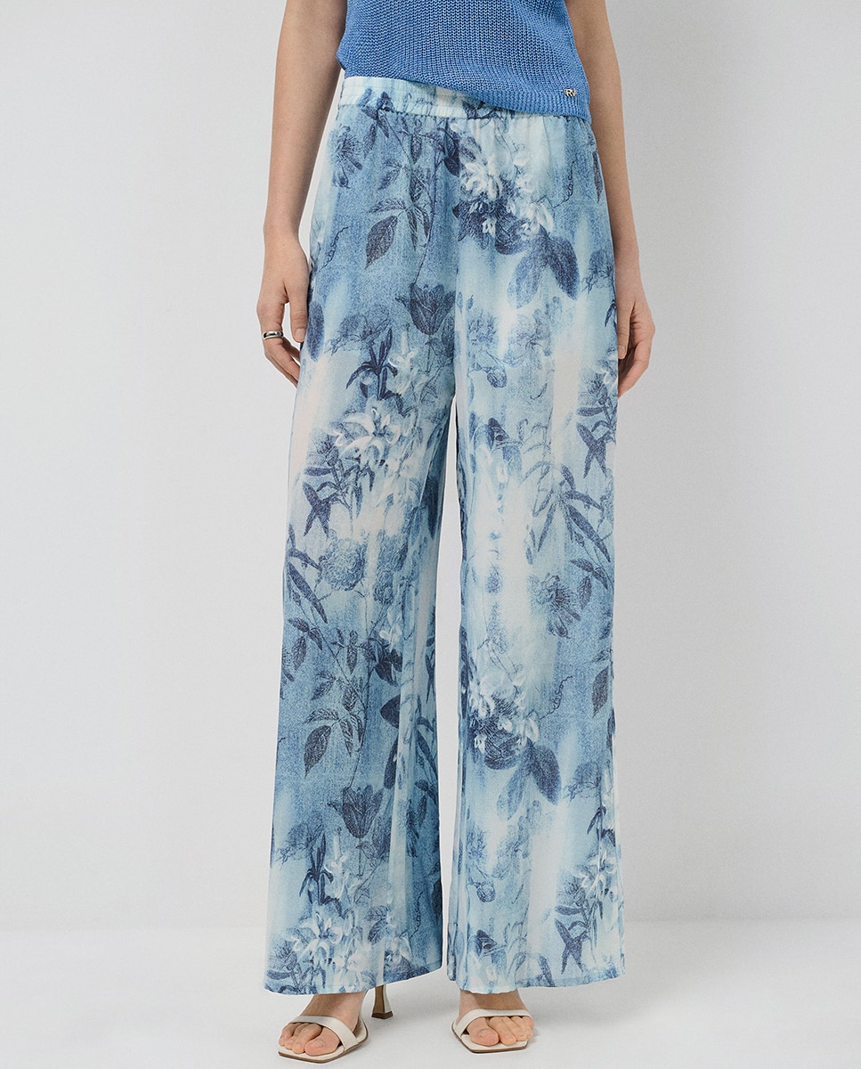 Calças Palazzo com Estampado Floral e em Crepe Azul-índigo-2