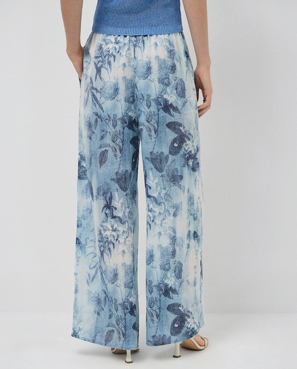 Calças Palazzo com Estampado Floral e em Crepe Azul-índigo-4