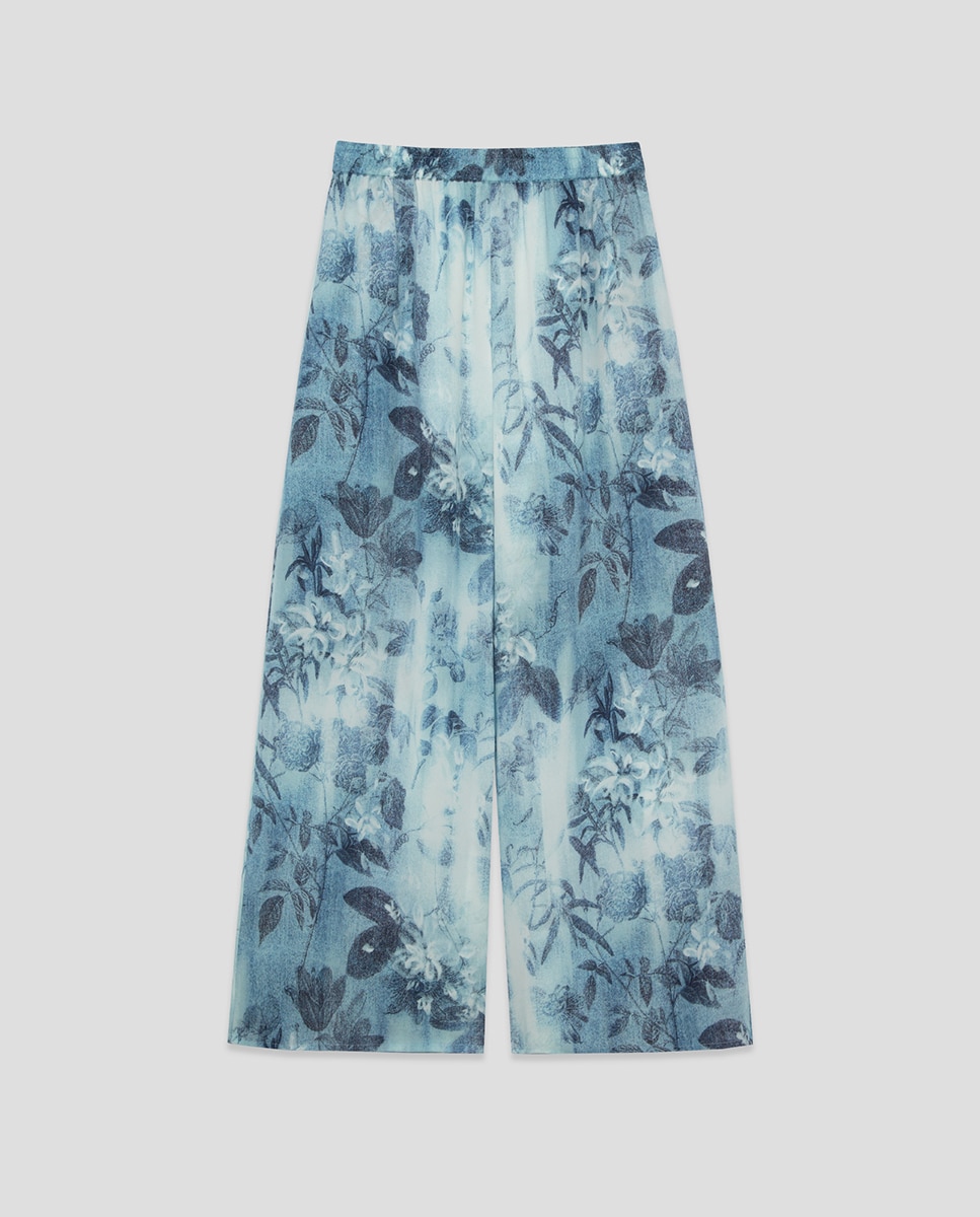 Calças Palazzo com Estampado Floral e em Crepe Azul-índigo-5