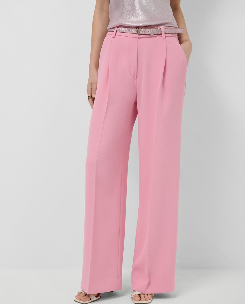 Calças Regular com Pinças e Crepe Rosa-claro-2