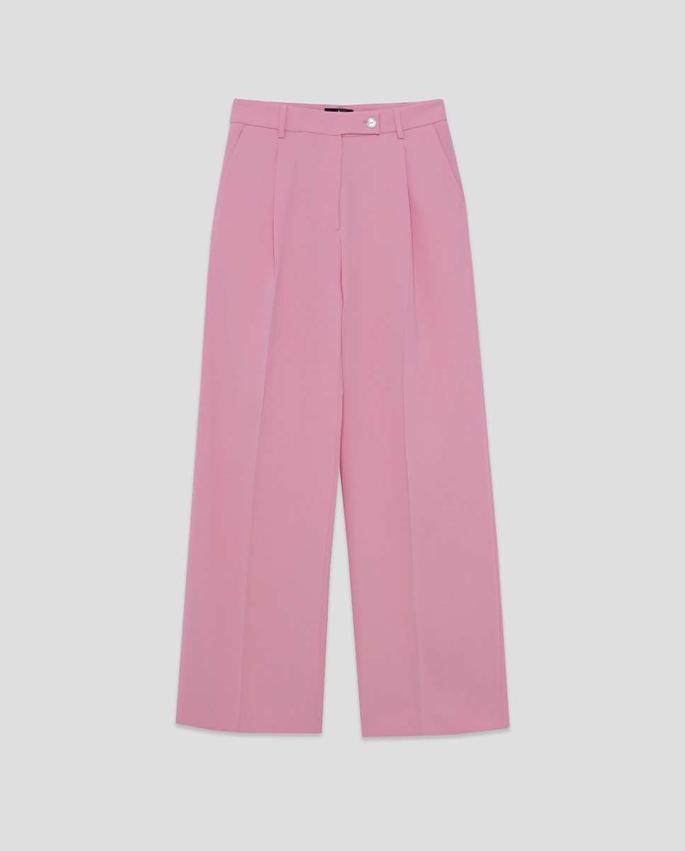 Calças Regular com Pinças e Crepe Rosa-claro-6
