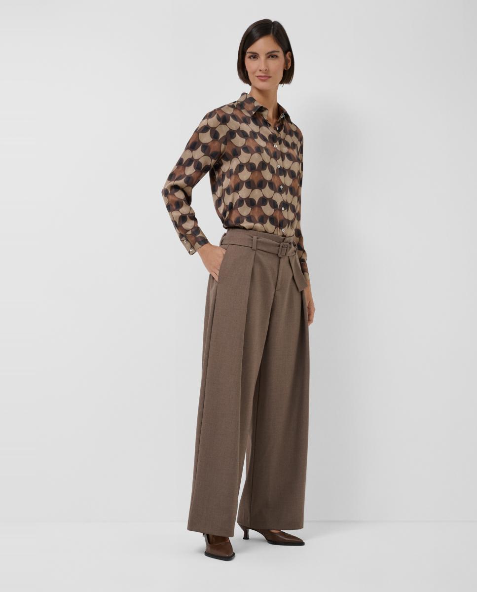 Pantalón de mujer ancho con pliegues en paño ligero - Roberto Verino - Marrón claro Marrón claro-1
