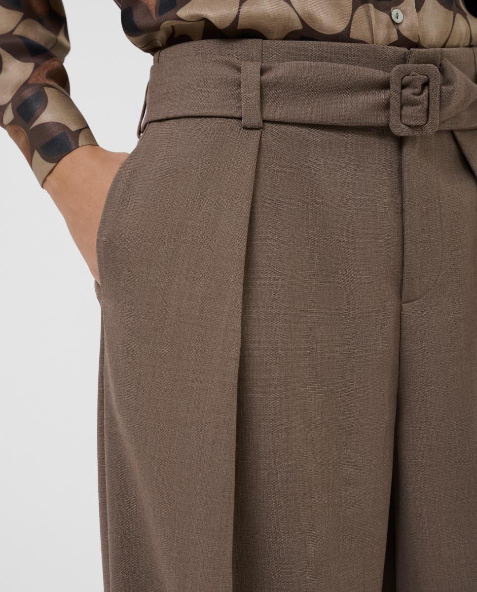 Pantalón de mujer ancho con pliegues en paño ligero - Roberto Verino - Marrón claro Marrón claro-3