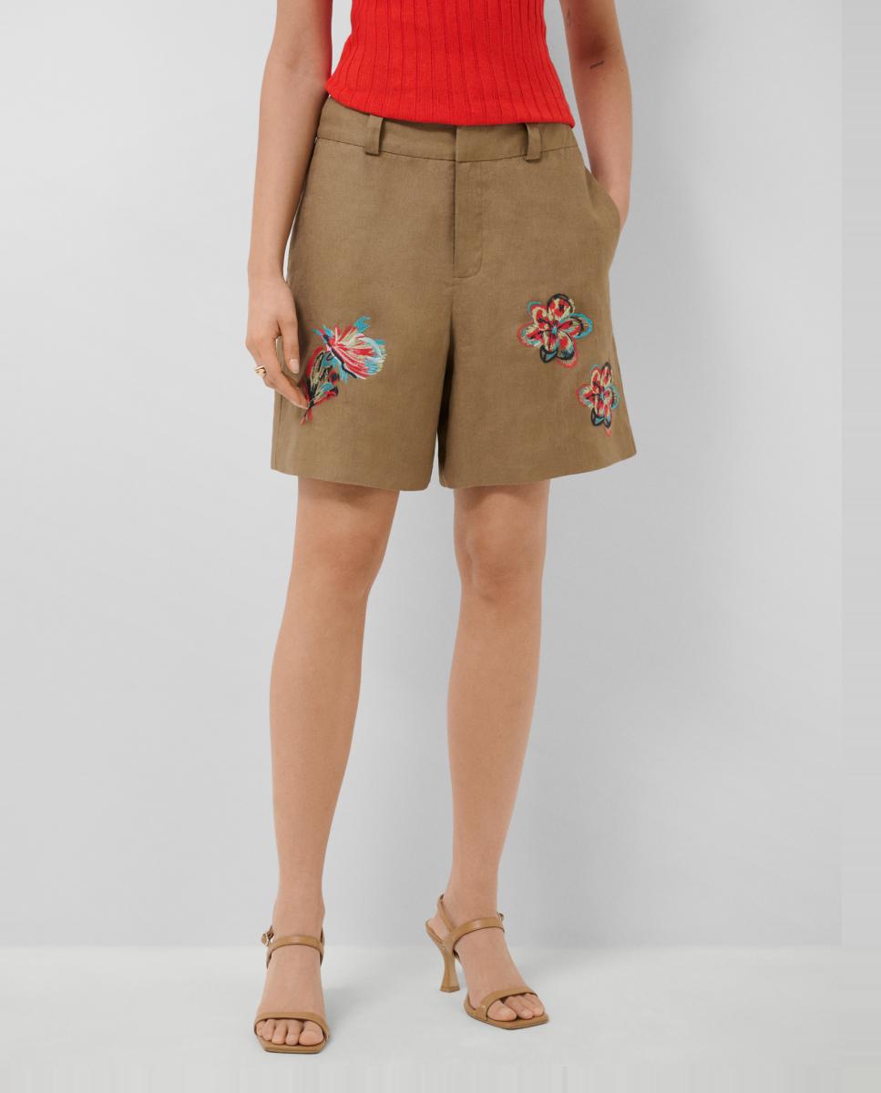 Bermudas de Linho com Bordado Floral Castanho-2