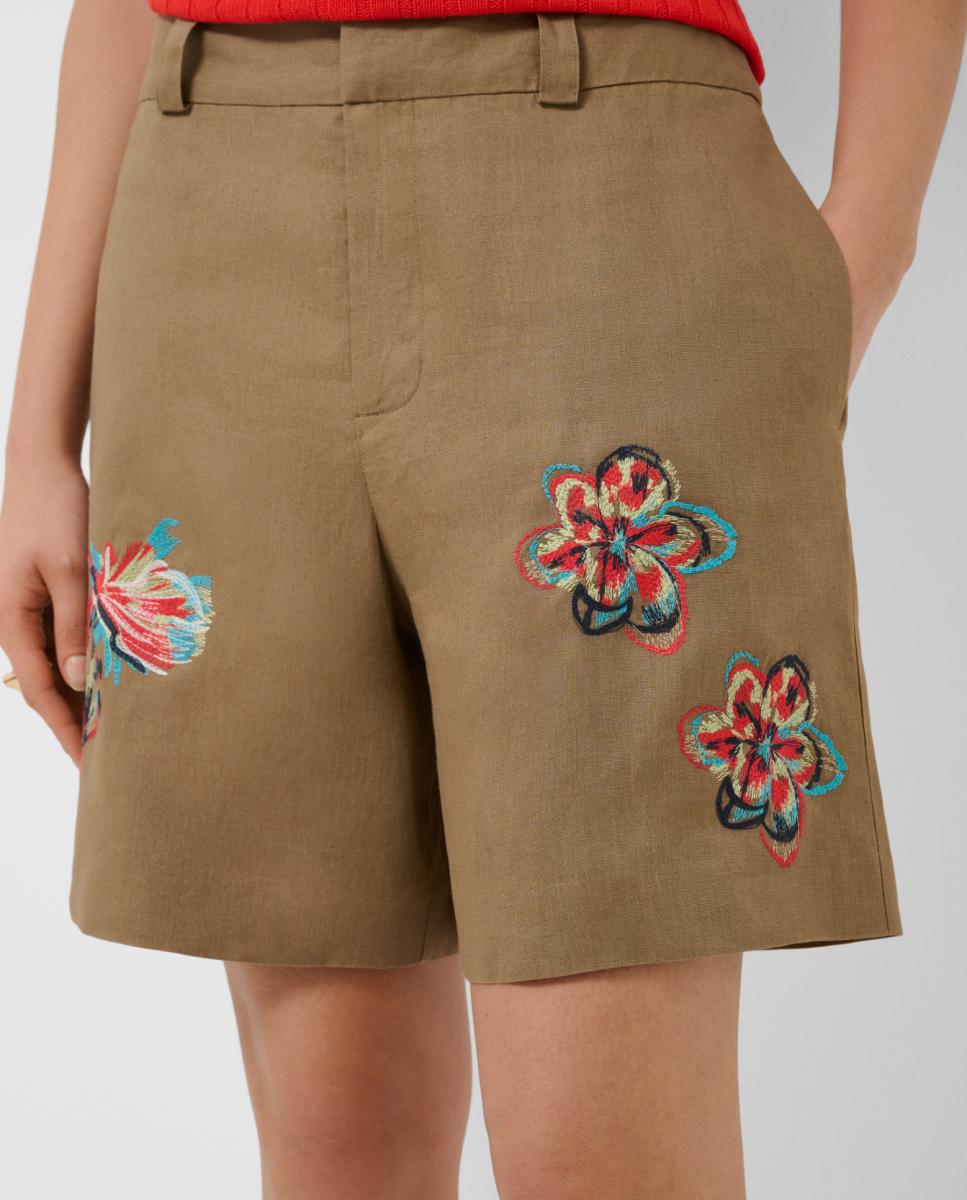 Bermudas de Linho com Bordado Floral Castanho-3