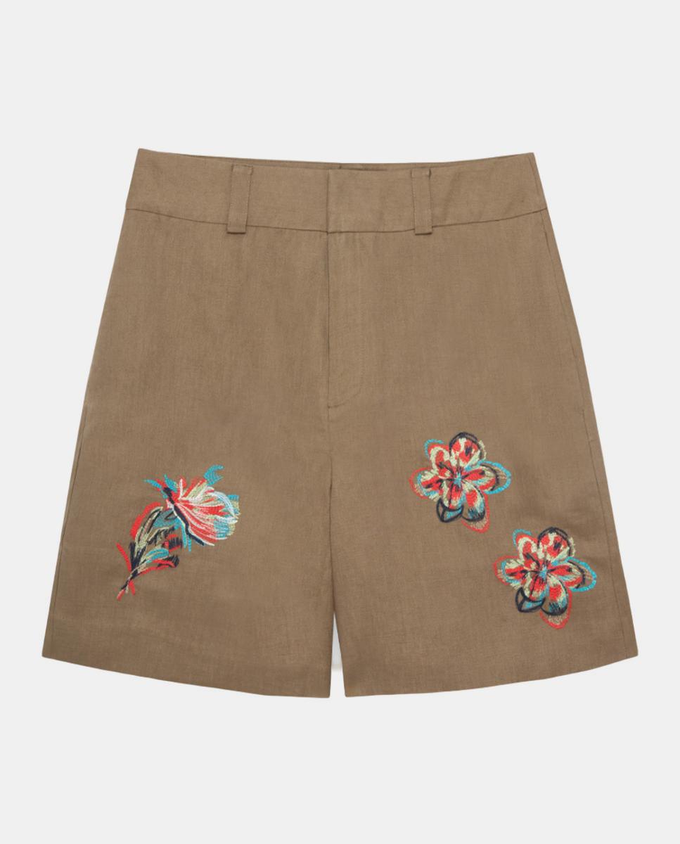 Bermudas de Linho com Bordado Floral Castanho-6