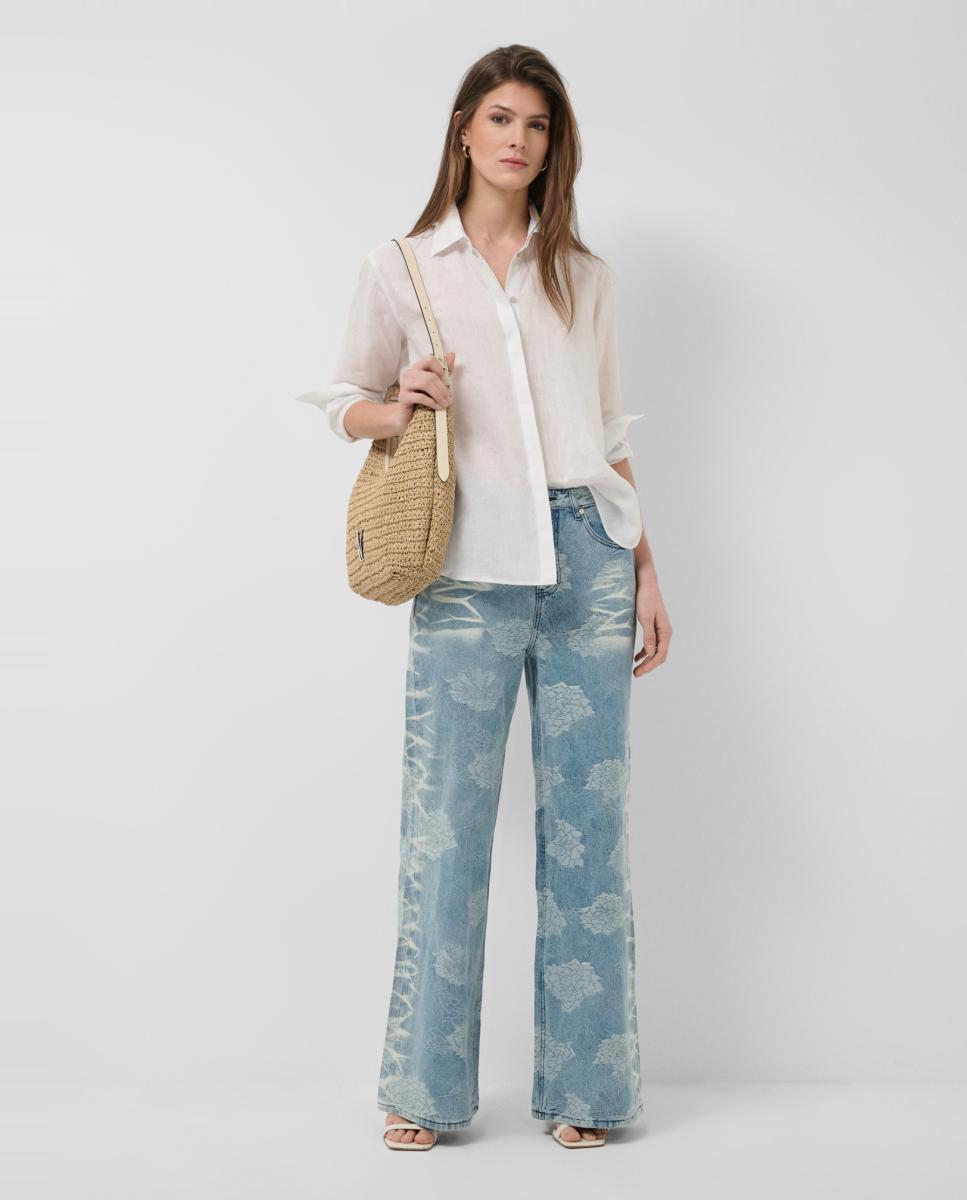 Jeans Largas com Jacquard e Lavagens Azul-2