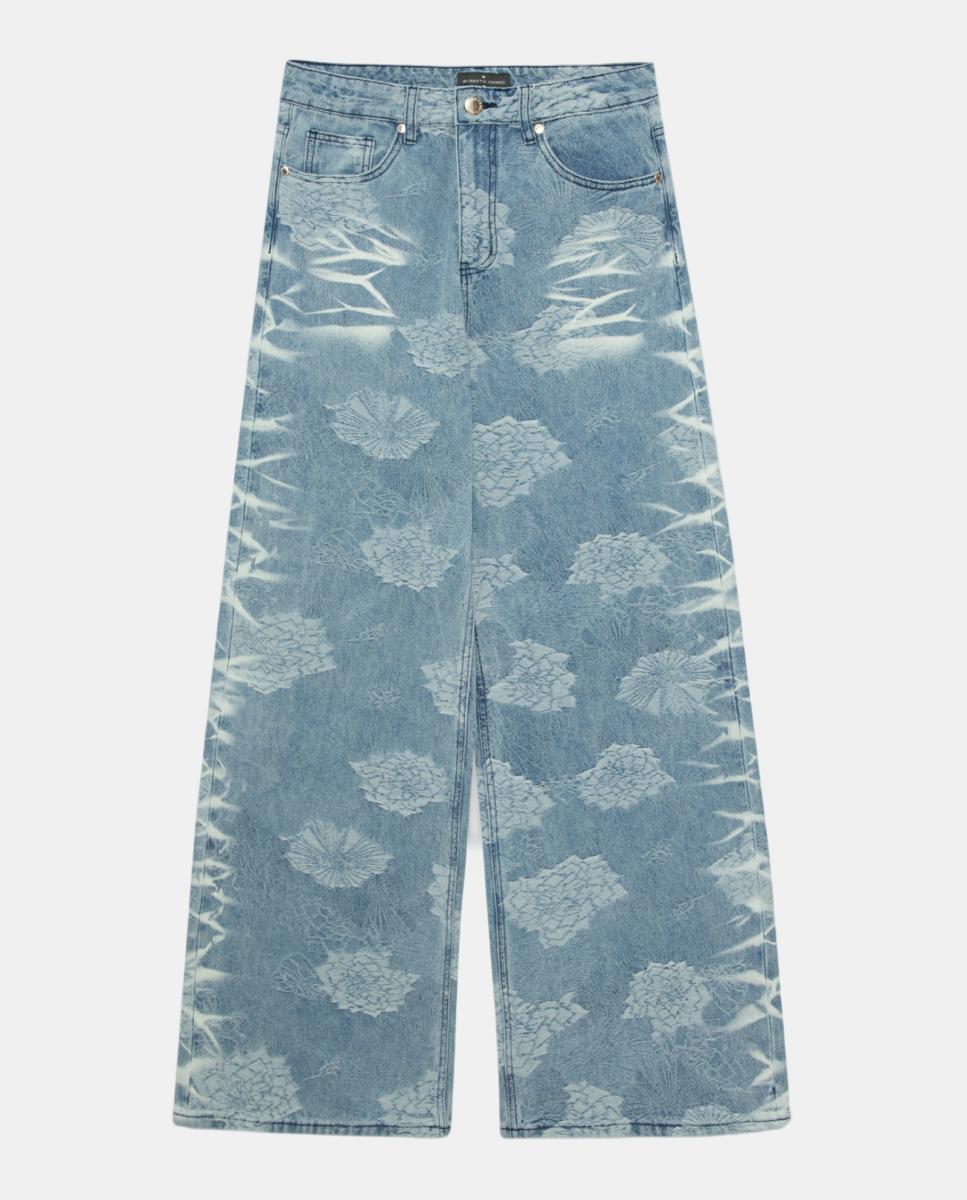 Jeans Largas com Jacquard e Lavagens Azul-5
