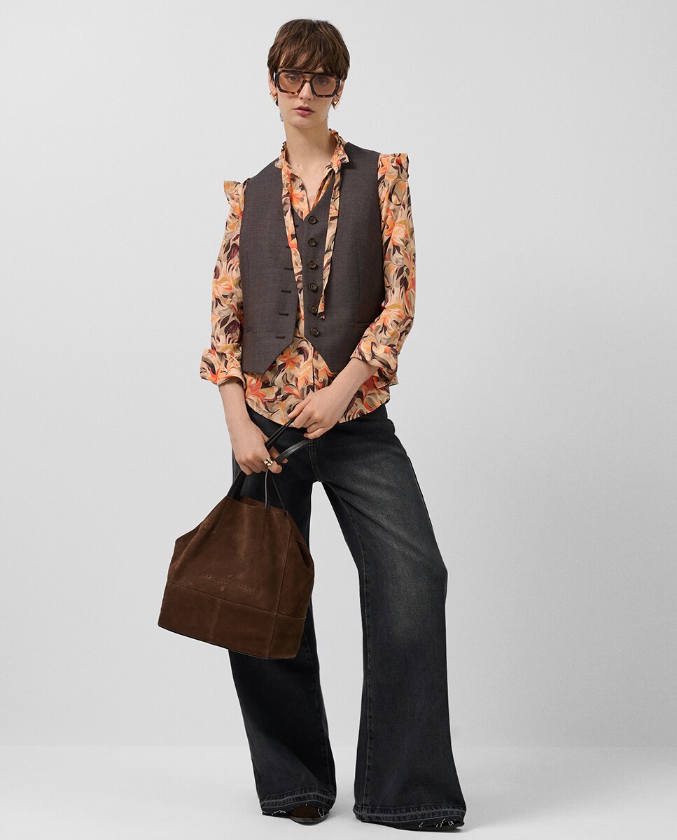 Blusa de Chiffon com Folhos e Estampado Floral Laranja-2