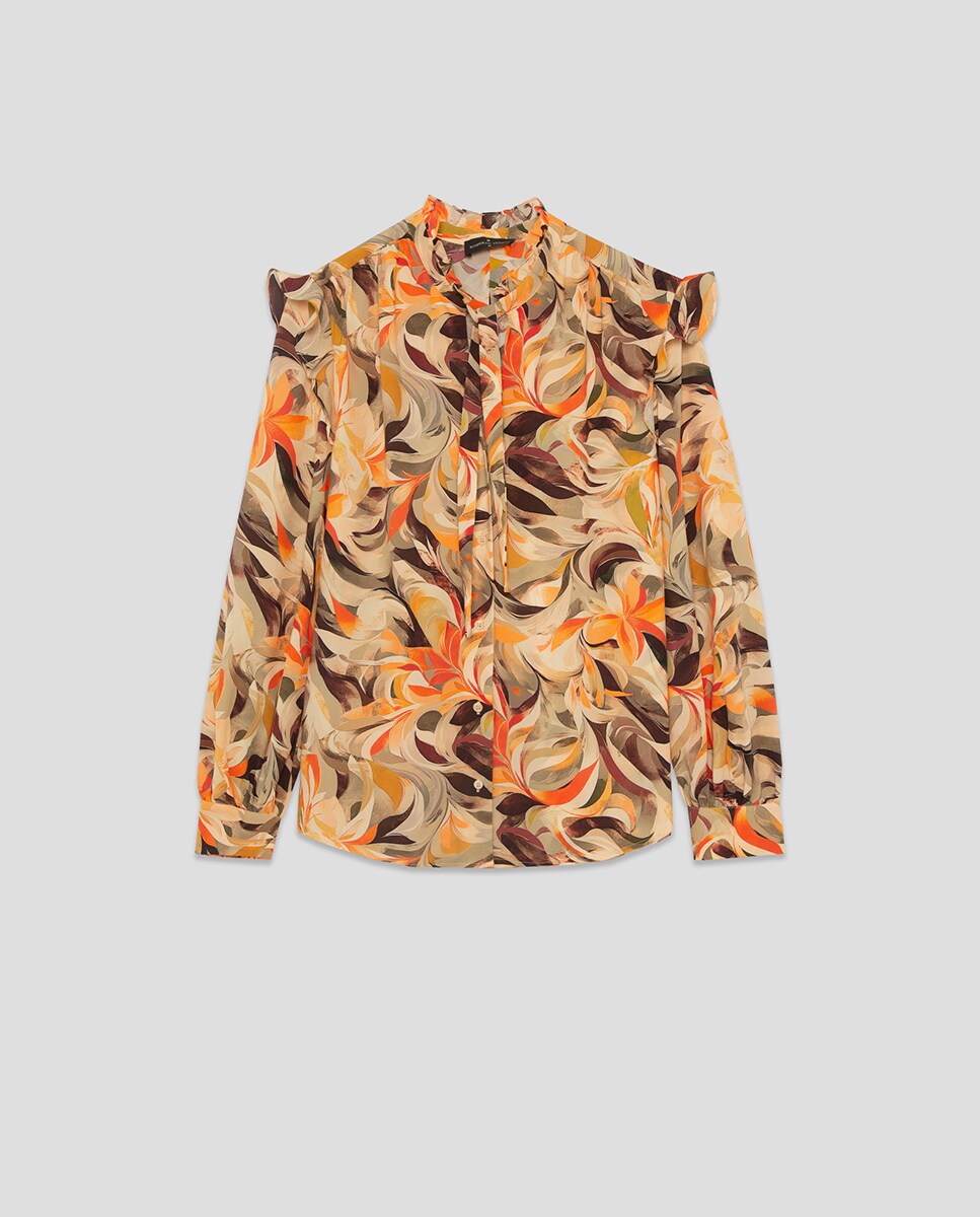 Blusa de Chiffon com Folhos e Estampado Floral Laranja-8