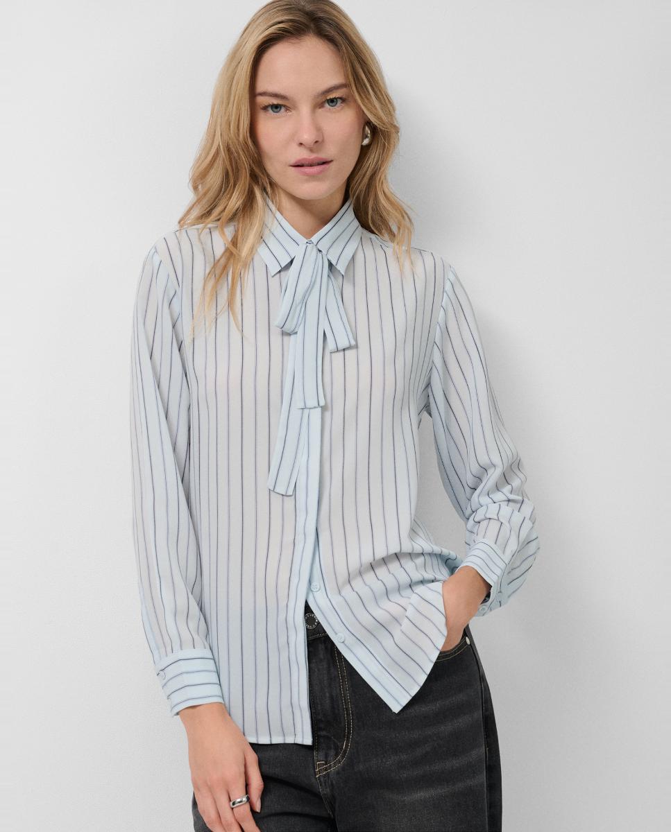 Camisa às Riscas com Laço no Colarinho Turquesa-1
