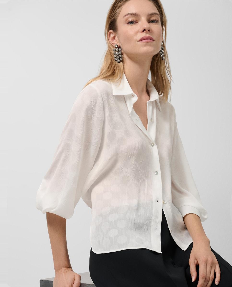 Camisa Ondulada com Jacquard de Círculos Branco-1