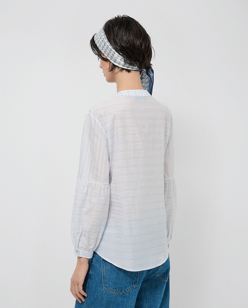 Blusa às Riscas com Manga em Balão Azul-claro-3