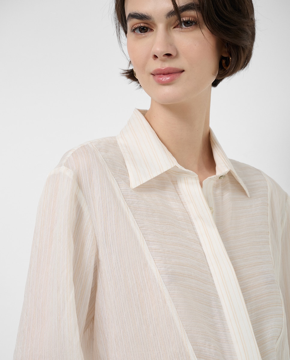 Blusa de Manga Comprida Dobrada às Riscas Bege-2