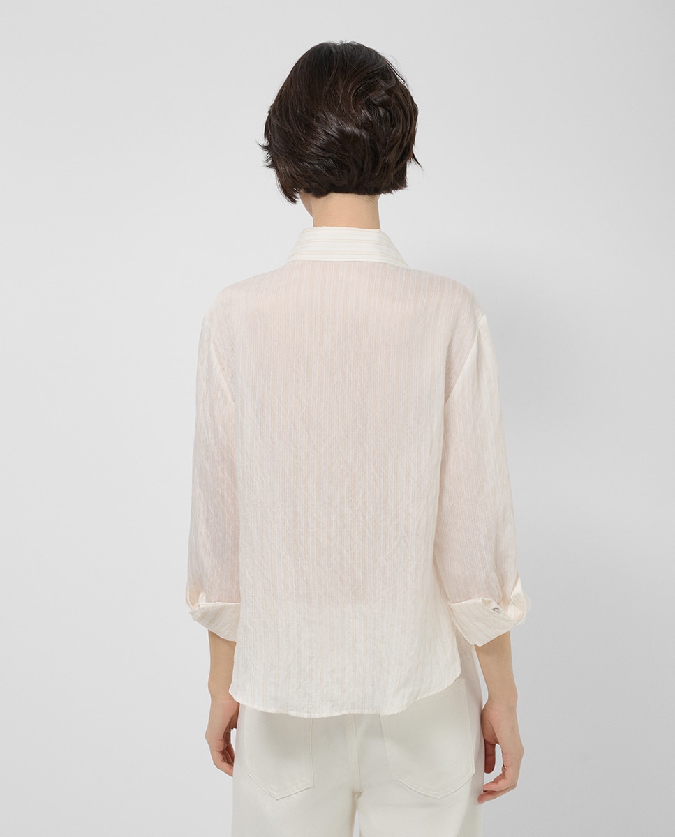 Blusa de Manga Comprida Dobrada às Riscas Bege-3