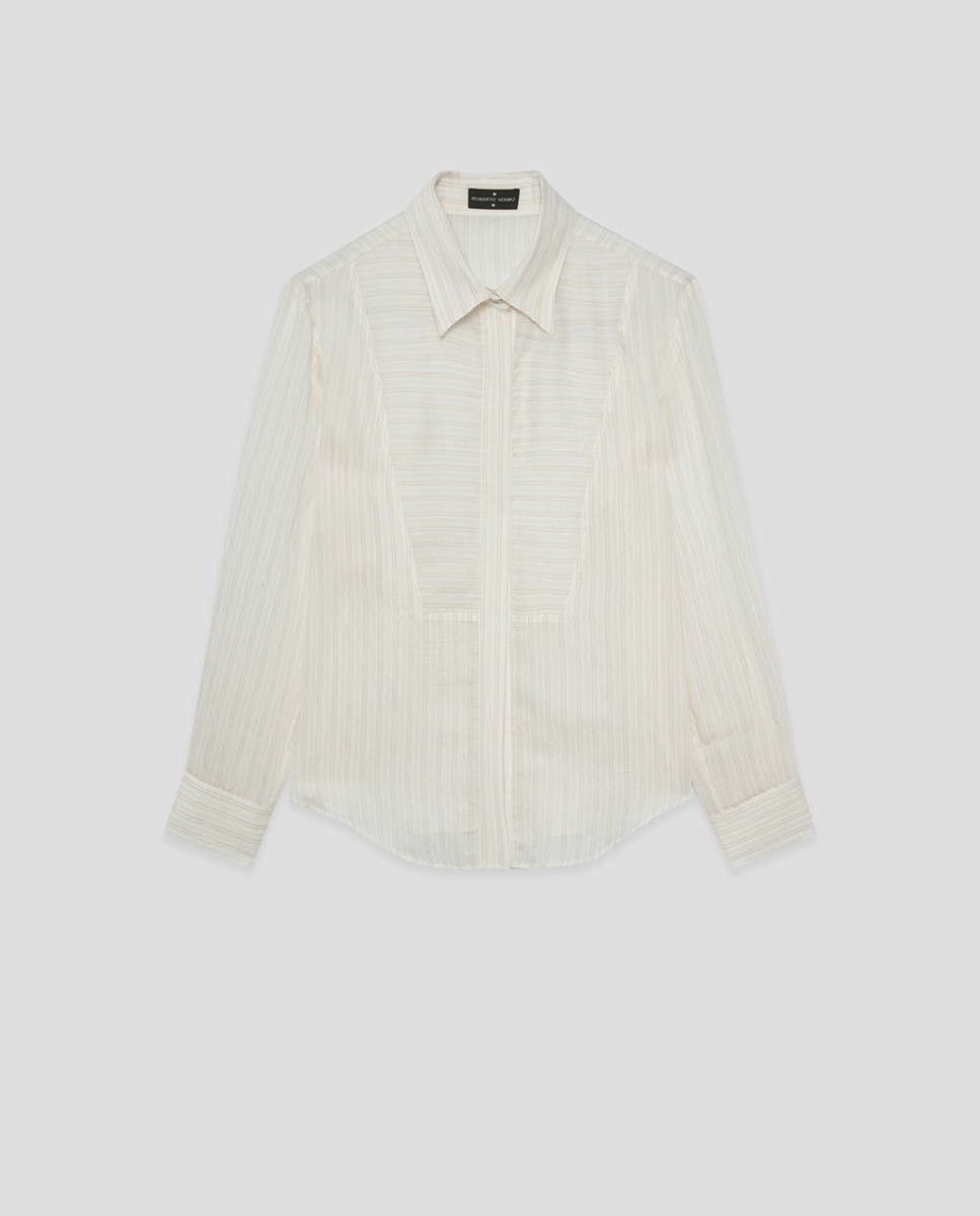 Blusa de Manga Comprida Dobrada às Riscas Bege-5